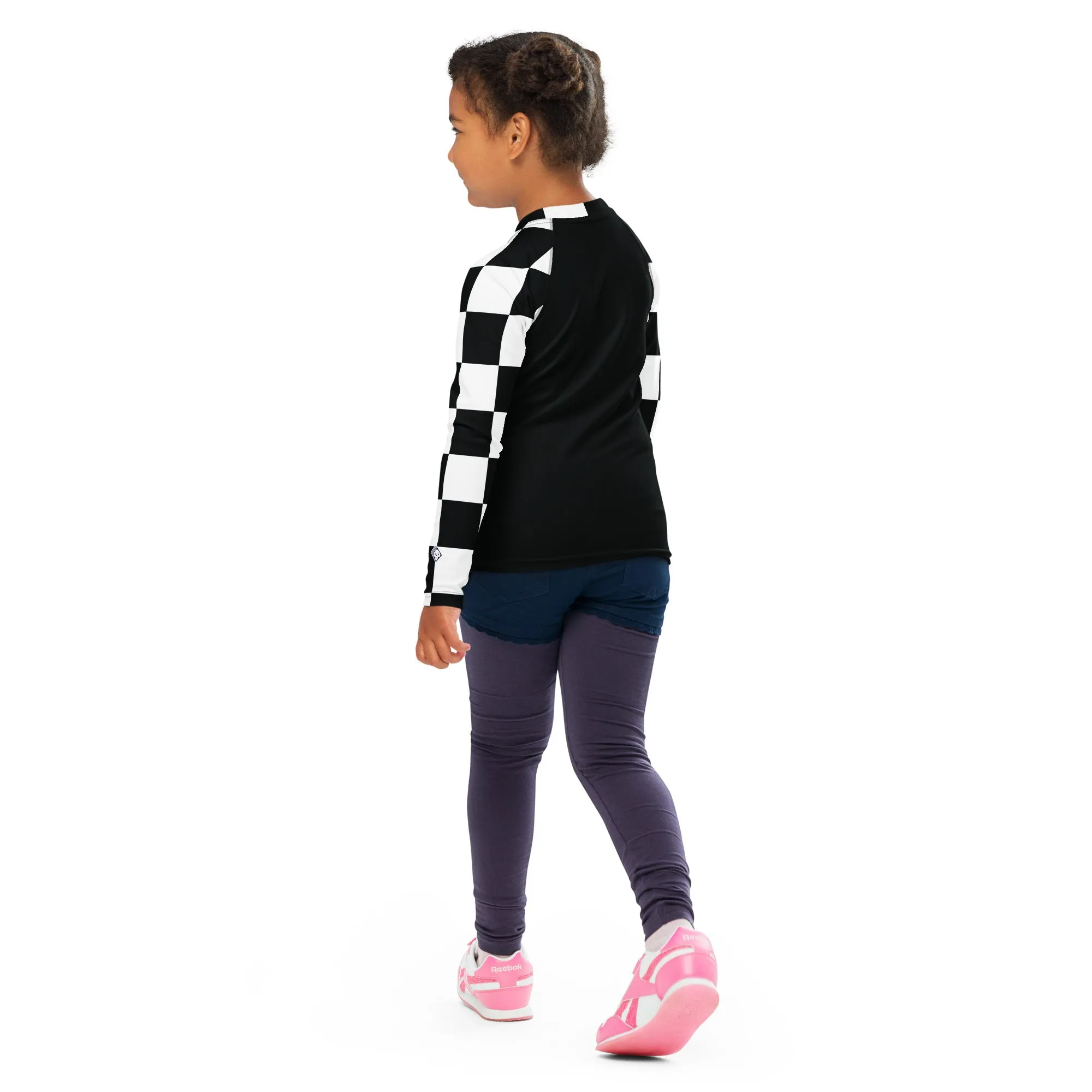 Chic and Secure: Kids Girls' Checkered Long Sleeve Rash Guard - Noir