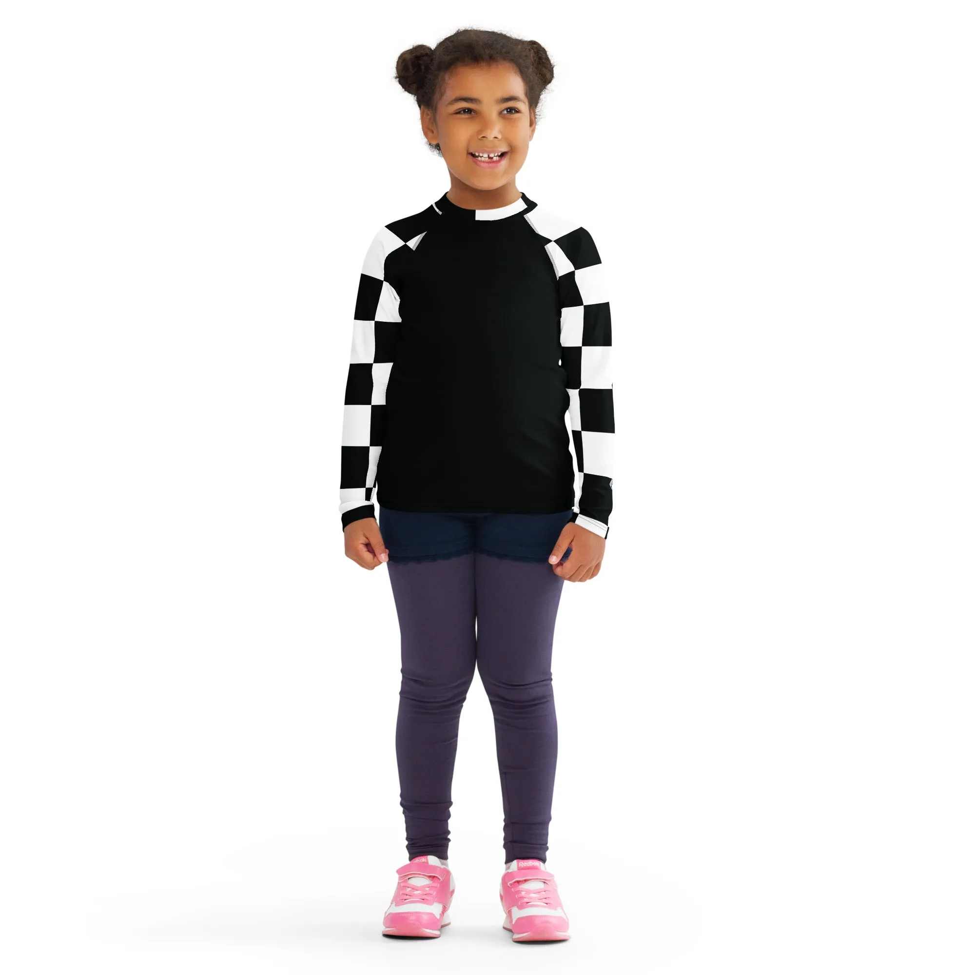 Chic and Secure: Kids Girls' Checkered Long Sleeve Rash Guard - Noir