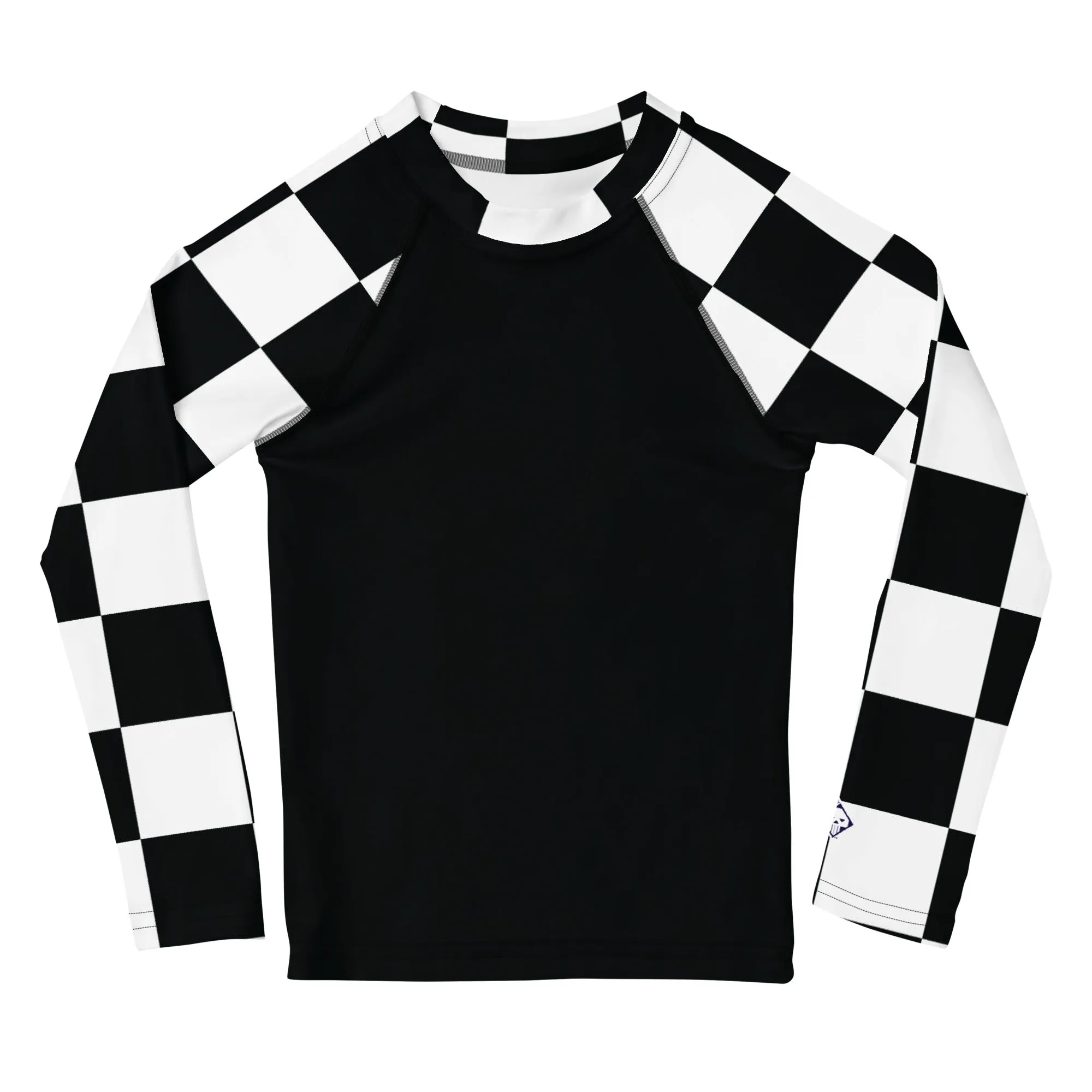 Chic and Secure: Kids Girls' Checkered Long Sleeve Rash Guard - Noir