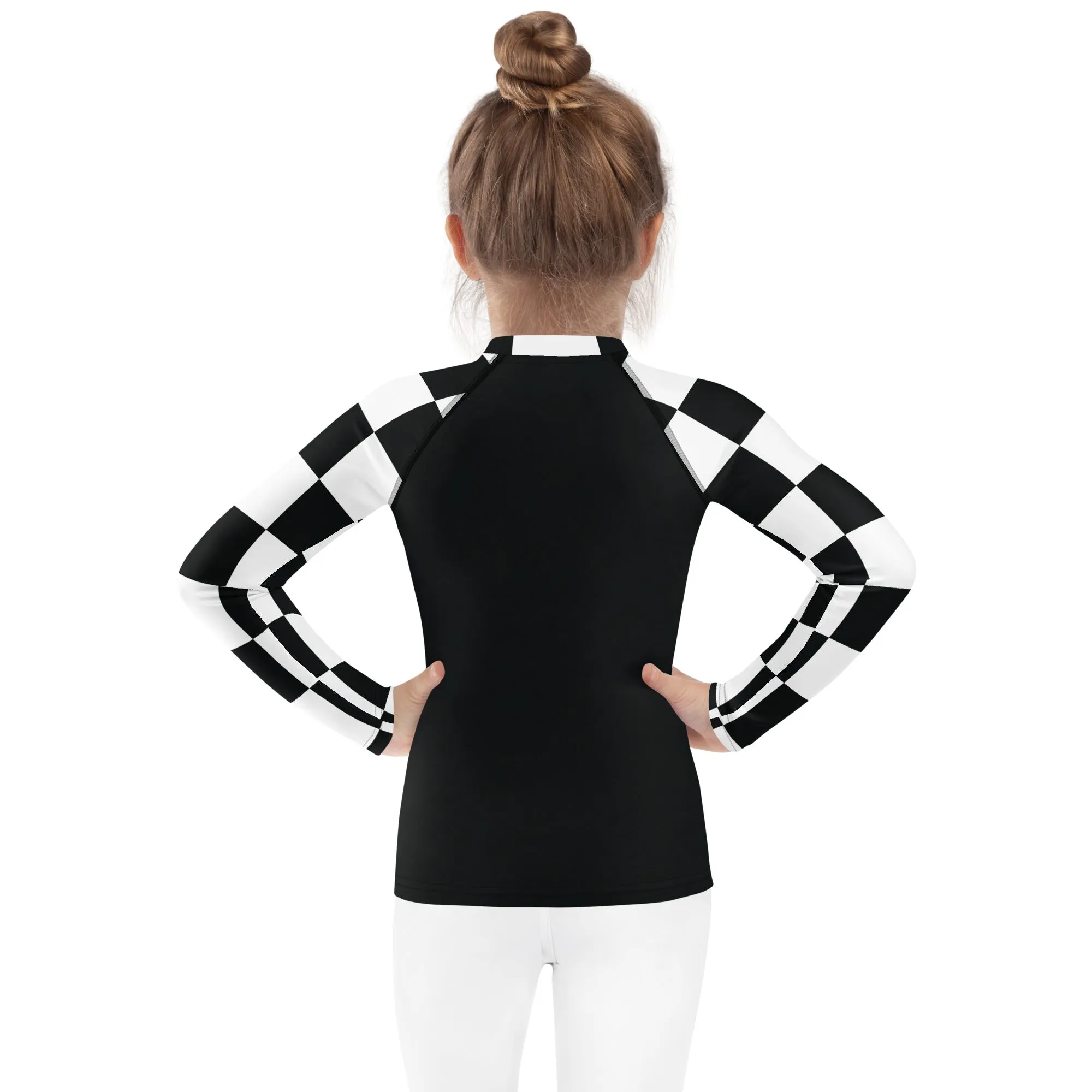 Chic and Secure: Kids Girls' Checkered Long Sleeve Rash Guard - Noir