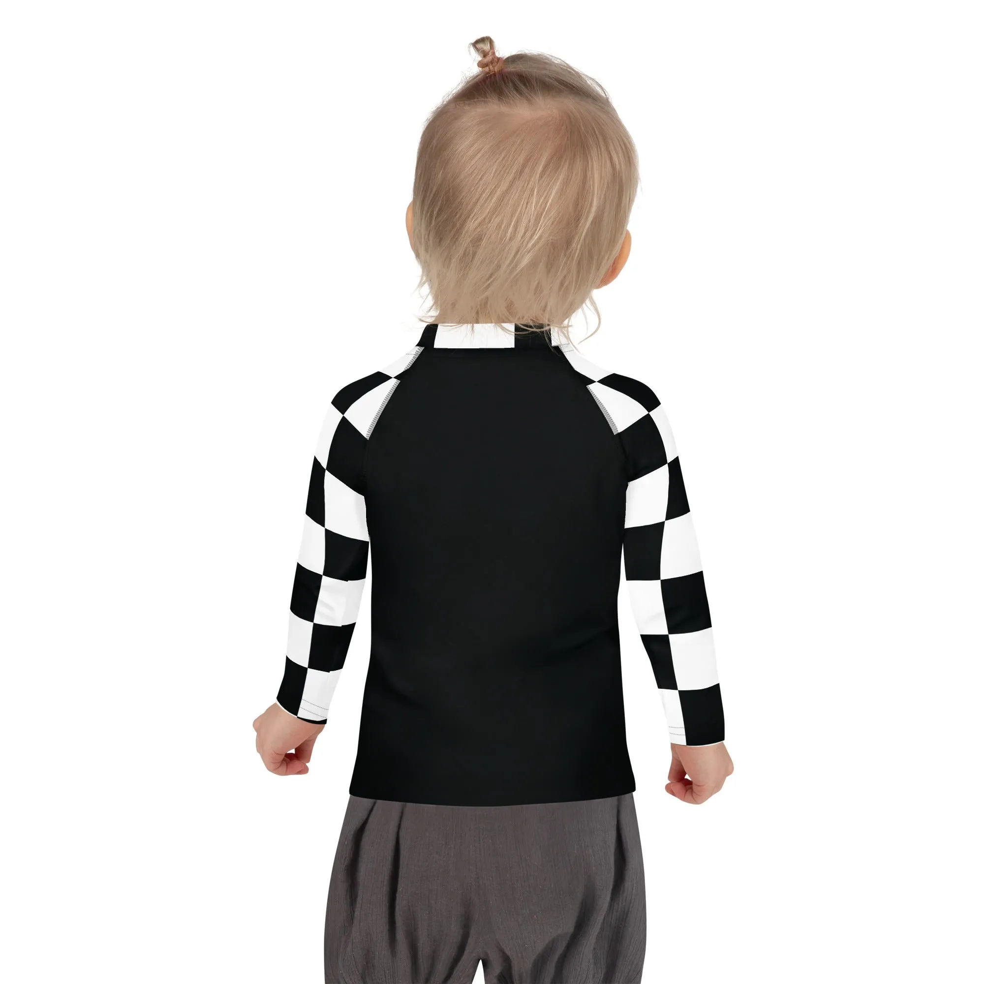 Chic and Secure: Kids Girls' Checkered Long Sleeve Rash Guard - Noir