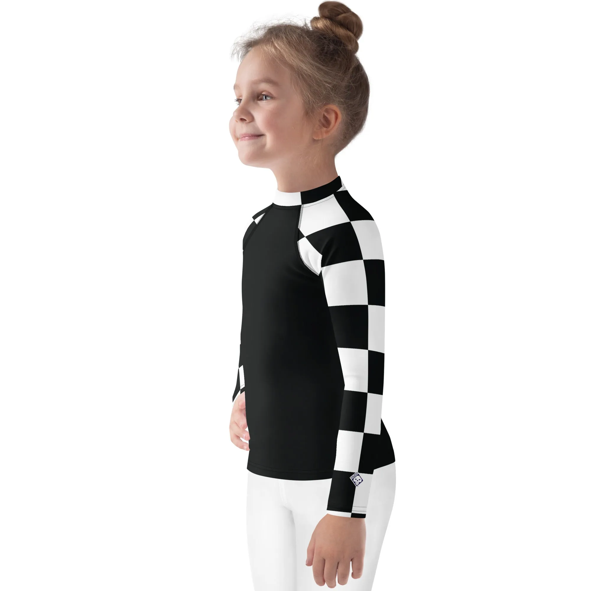 Chic and Secure: Kids Girls' Checkered Long Sleeve Rash Guard - Noir