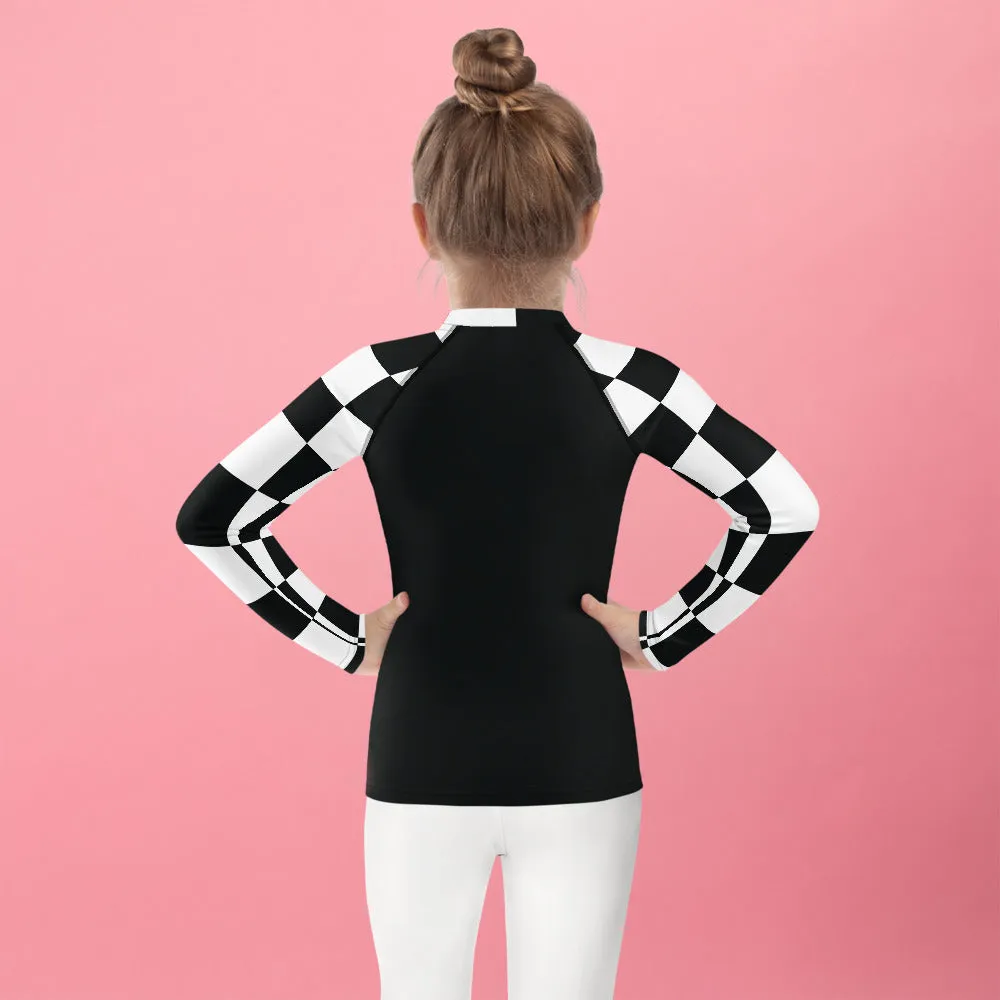 Chic and Secure: Kids Girls' Checkered Long Sleeve Rash Guard - Noir