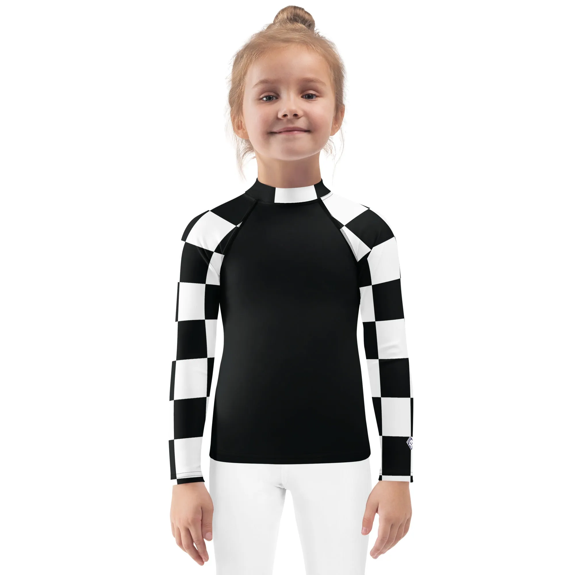 Chic and Secure: Kids Girls' Checkered Long Sleeve Rash Guard - Noir