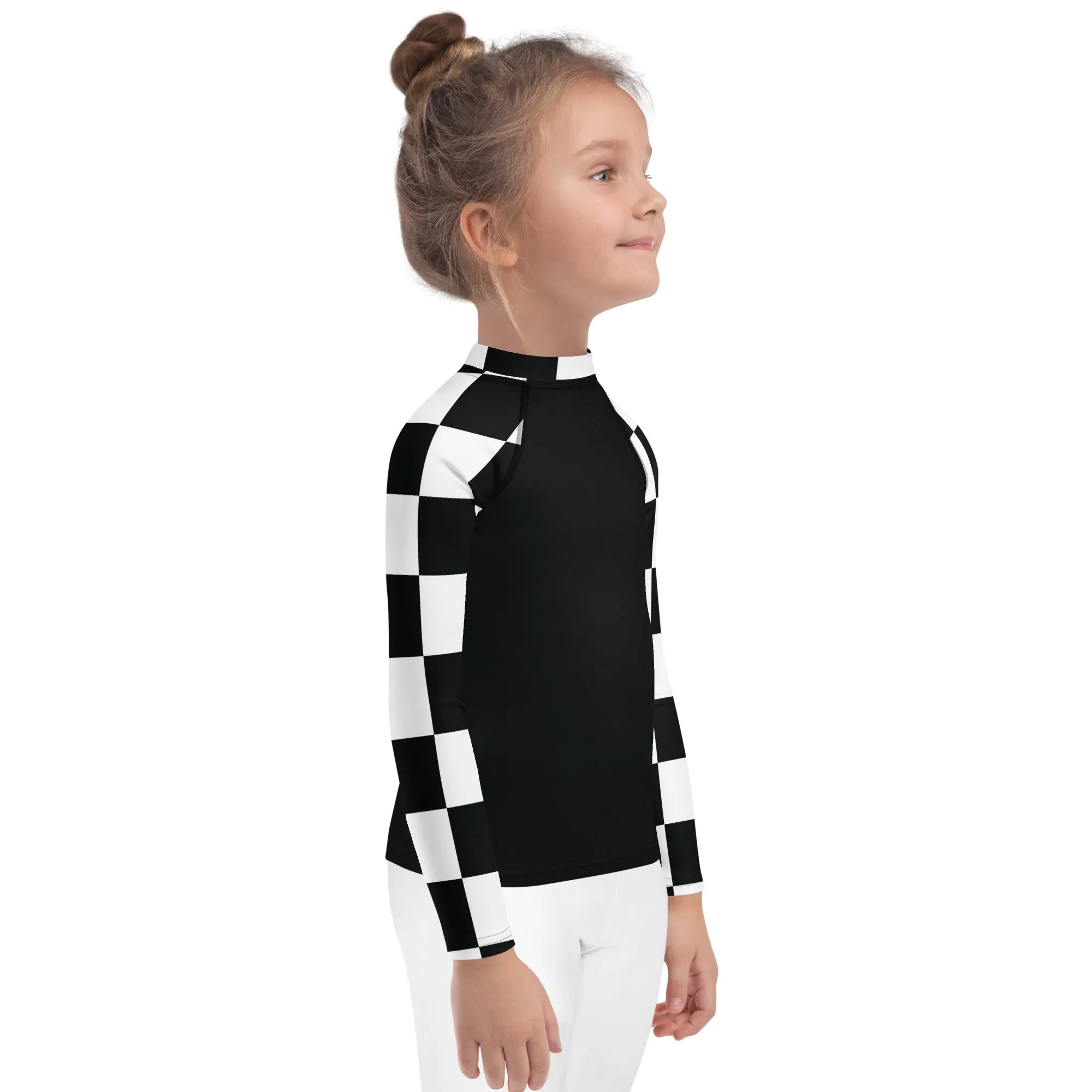 Chic and Secure: Kids Girls' Checkered Long Sleeve Rash Guard - Noir