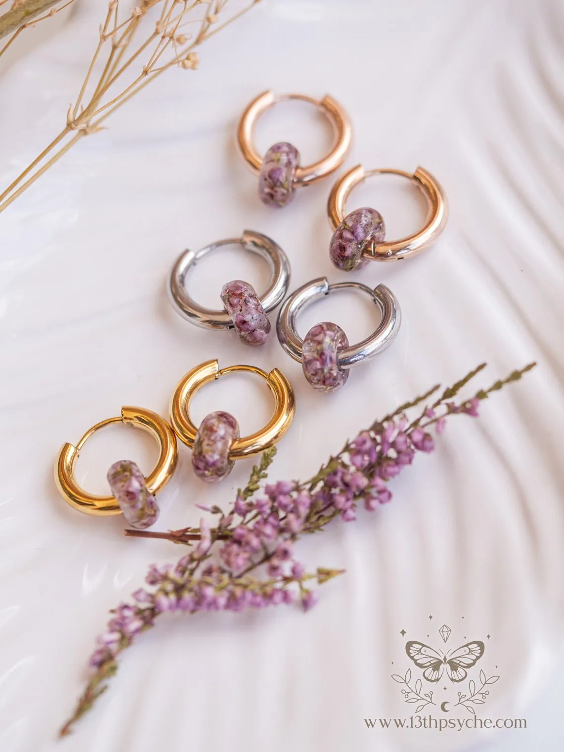 Chunky donut hoops with dried heather flower resin beads