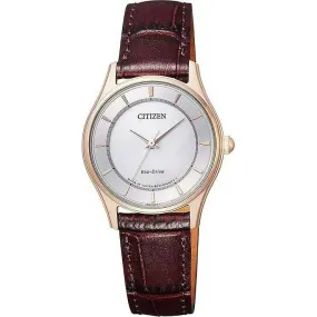 CITIZEN COLLECTION  ECO-DRIVE BROWN LEATHER STRAP SILVER DIAL LADIES WATCH EM0402-05A