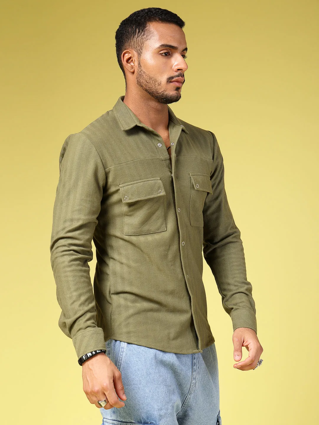 Cotton Herringbone Utility Cutaway Collar Shirt