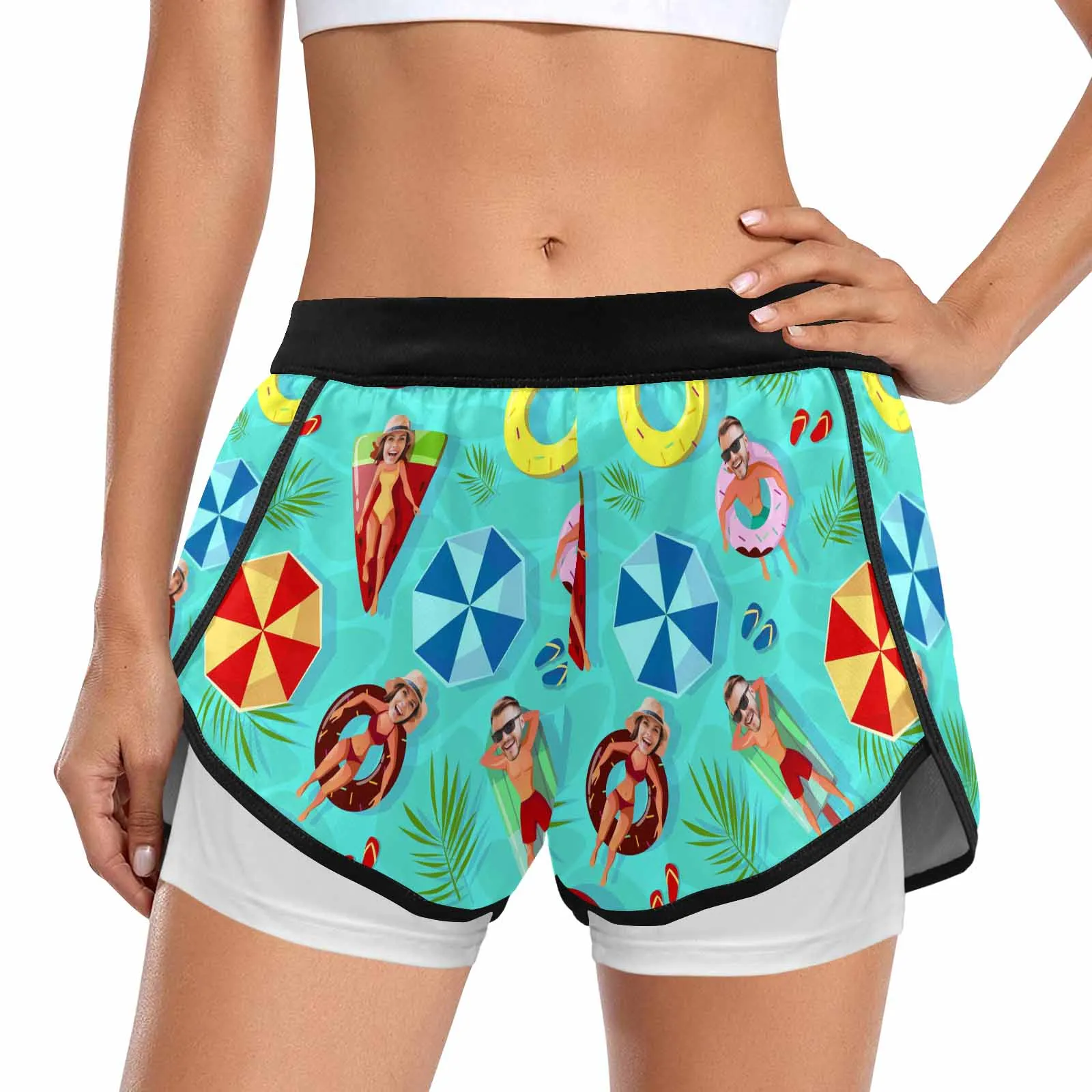 Custom Faces Swimming Ring Women's 2 in 1 Surfing & Beach Shorts Female Gym Fitness Shorts