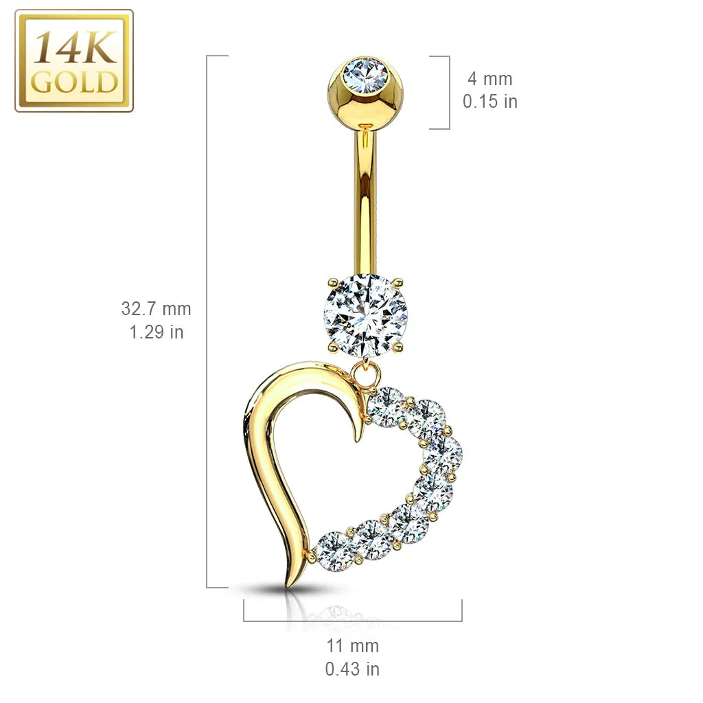 CZ Heart Navel Bar in 14K Yellow Gold