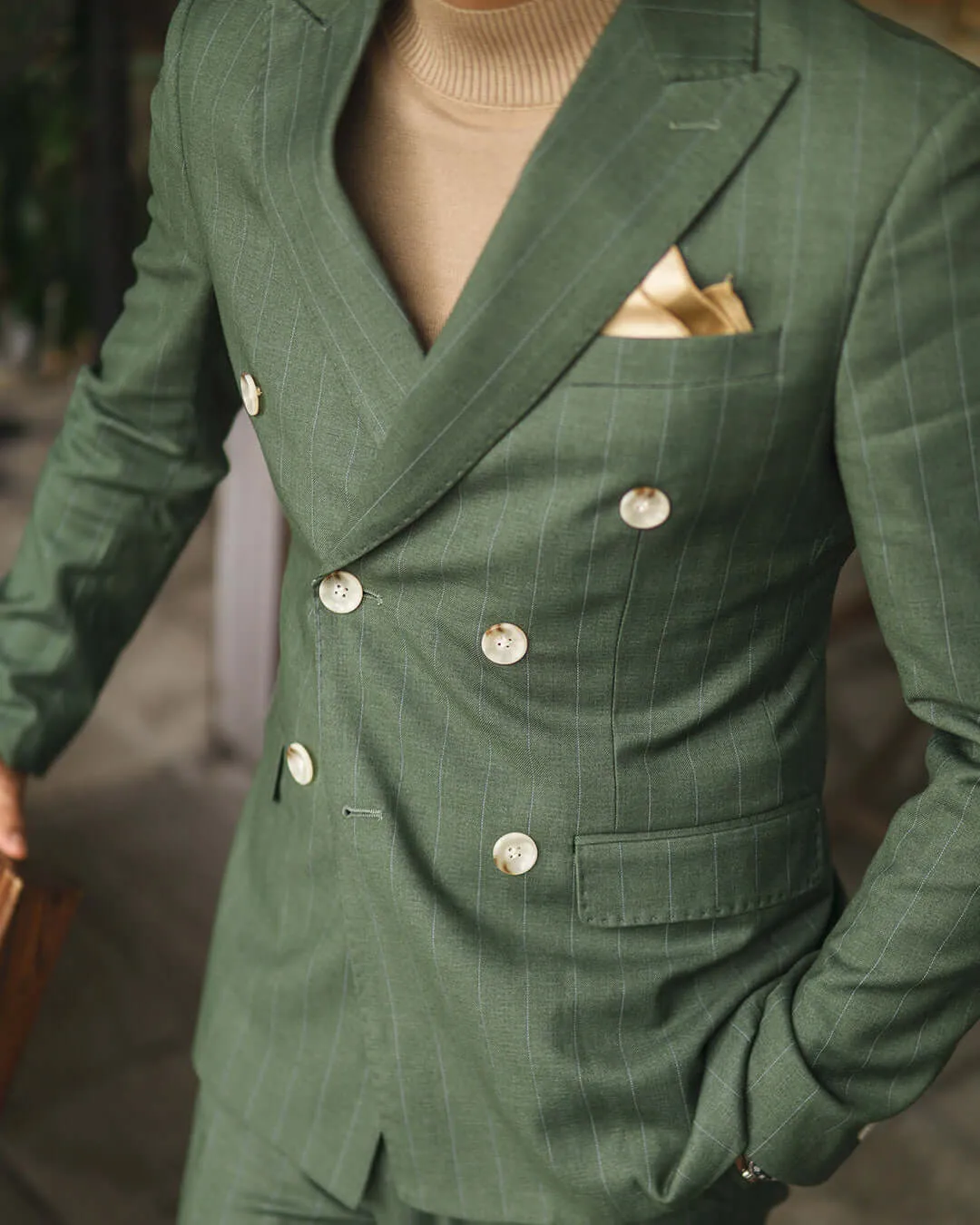 Double Breasted Suit Blazer - Moss Green Stripes (Peak Lapel)