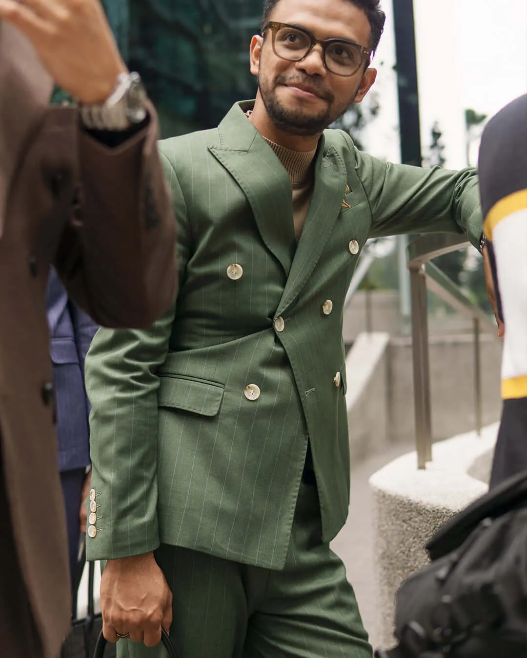 Double Breasted Suit Blazer - Moss Green Stripes (Peak Lapel)