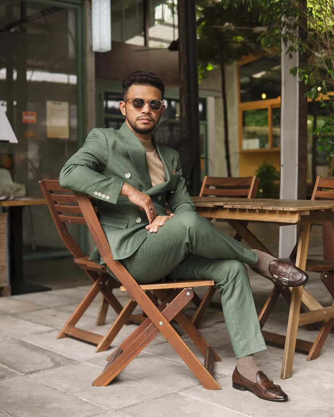 Double Breasted Suit Blazer - Moss Green Stripes (Peak Lapel)