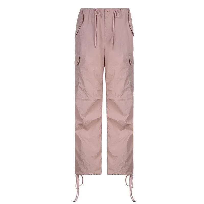 Drawstring low rise solid pocket cargo straight leg baggy pant - Final Sale