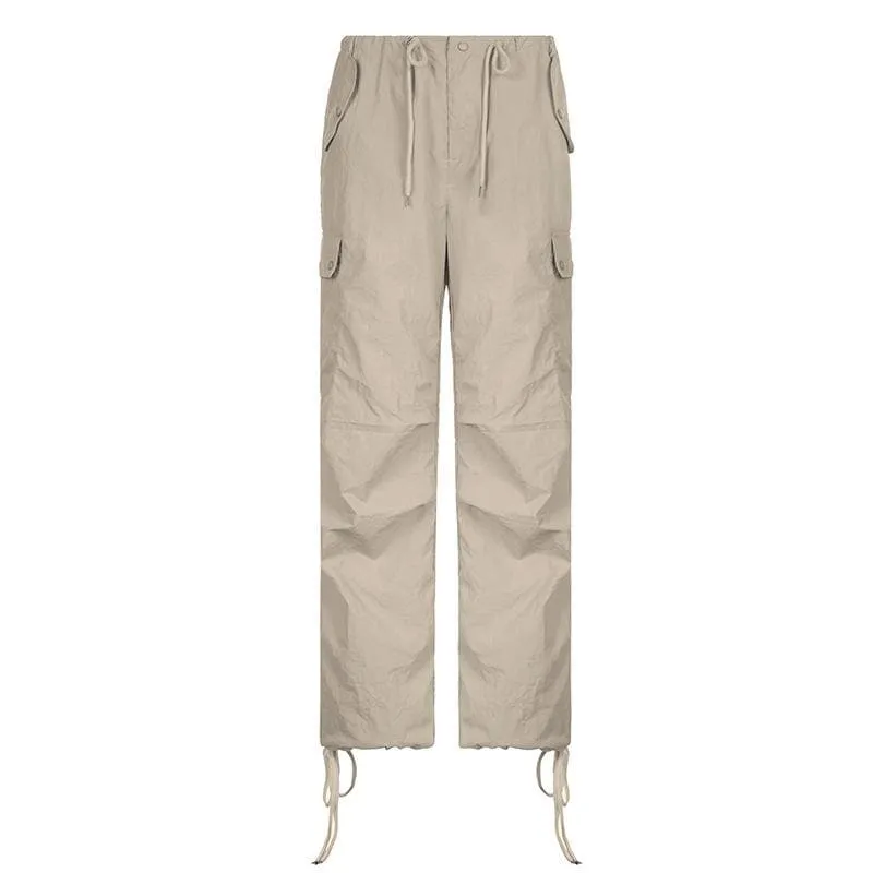 Drawstring low rise solid pocket cargo straight leg baggy pant - Final Sale