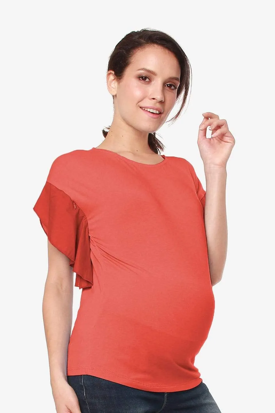 Flutter Sleeves Caela Nursing Top Dark Coral