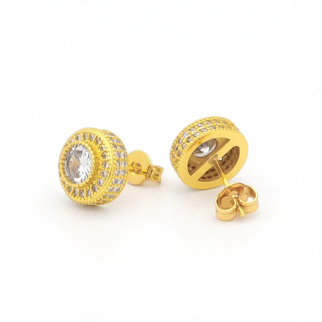 Iced Out 10mm Round Stud Earrings - Gold