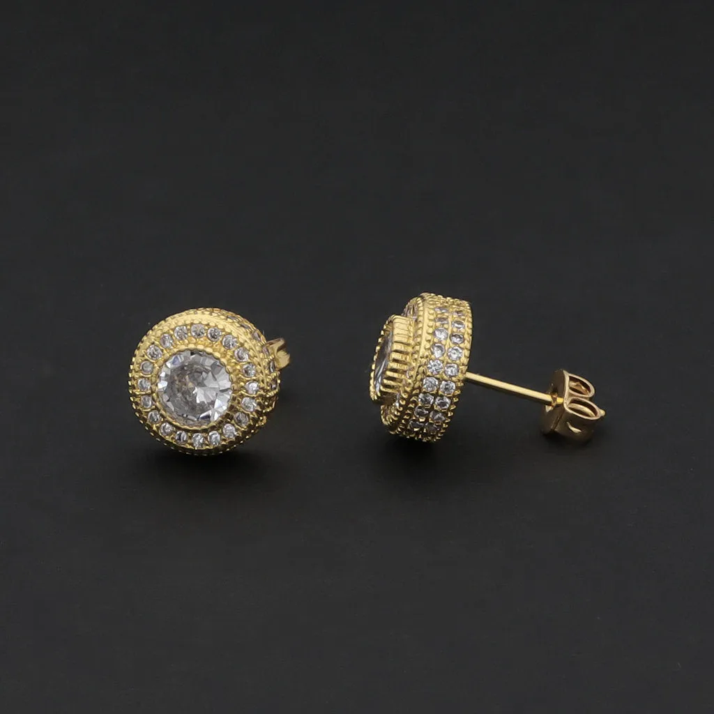 Iced Out 10mm Round Stud Earrings - Gold