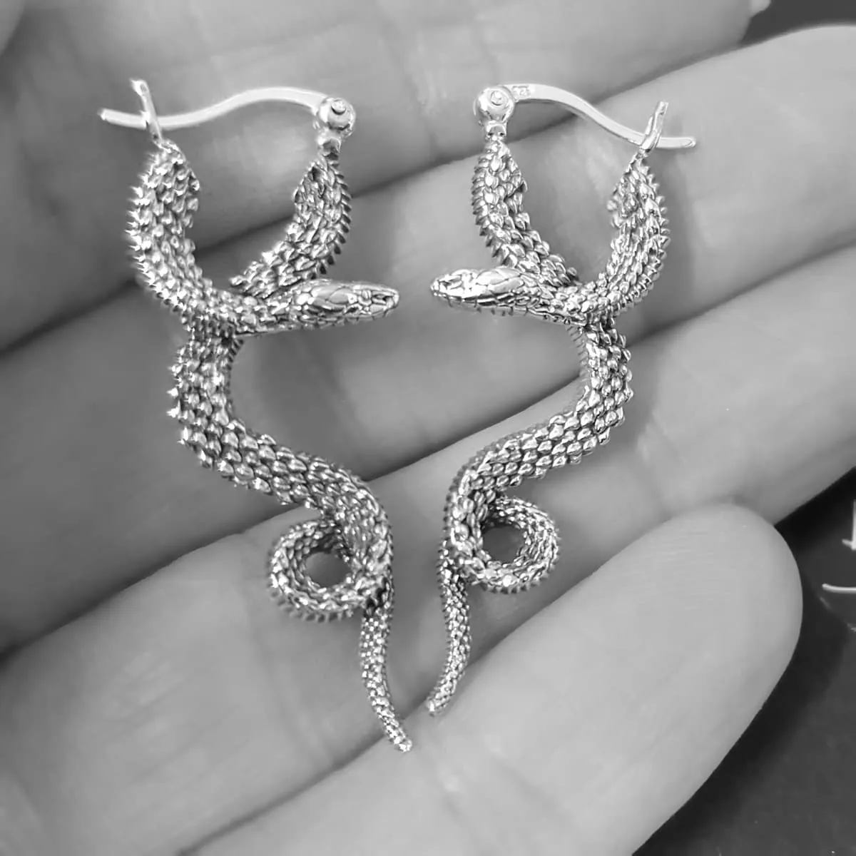 Large Snake Hoop Earrings, Sterling Silver Gothic Earrings