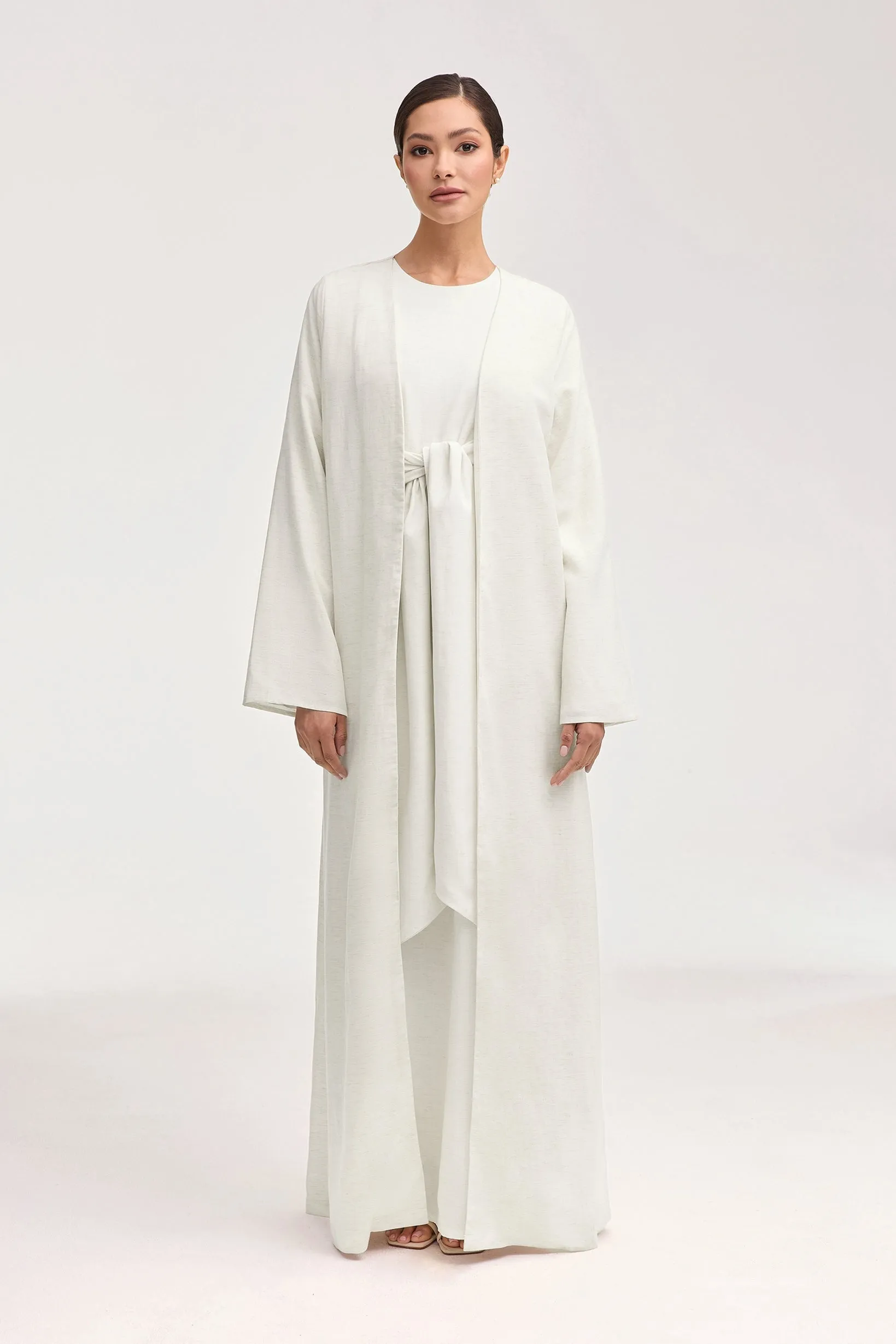 Linen Open Abaya & Dress Set - Off White