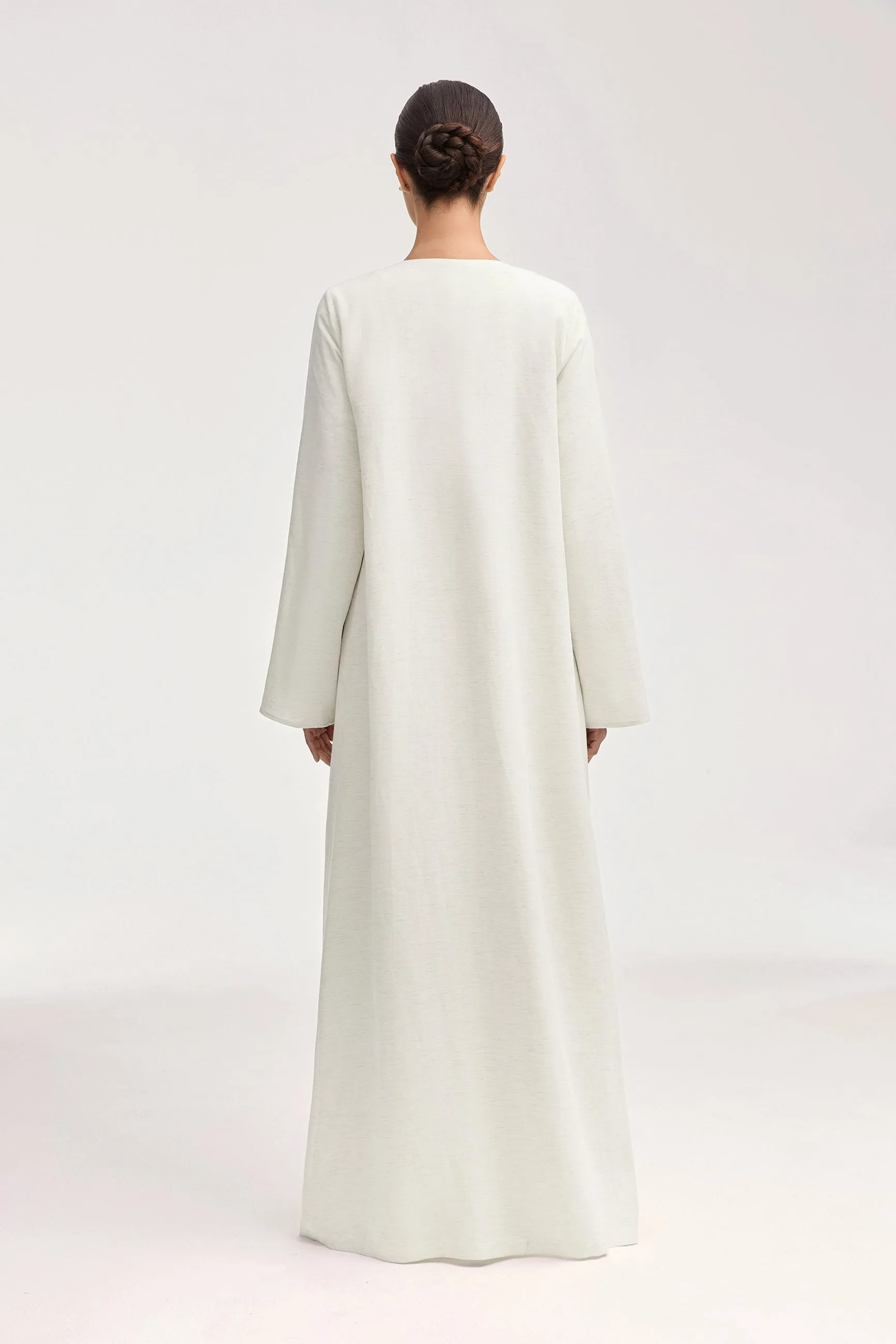 Linen Open Abaya & Dress Set - Off White