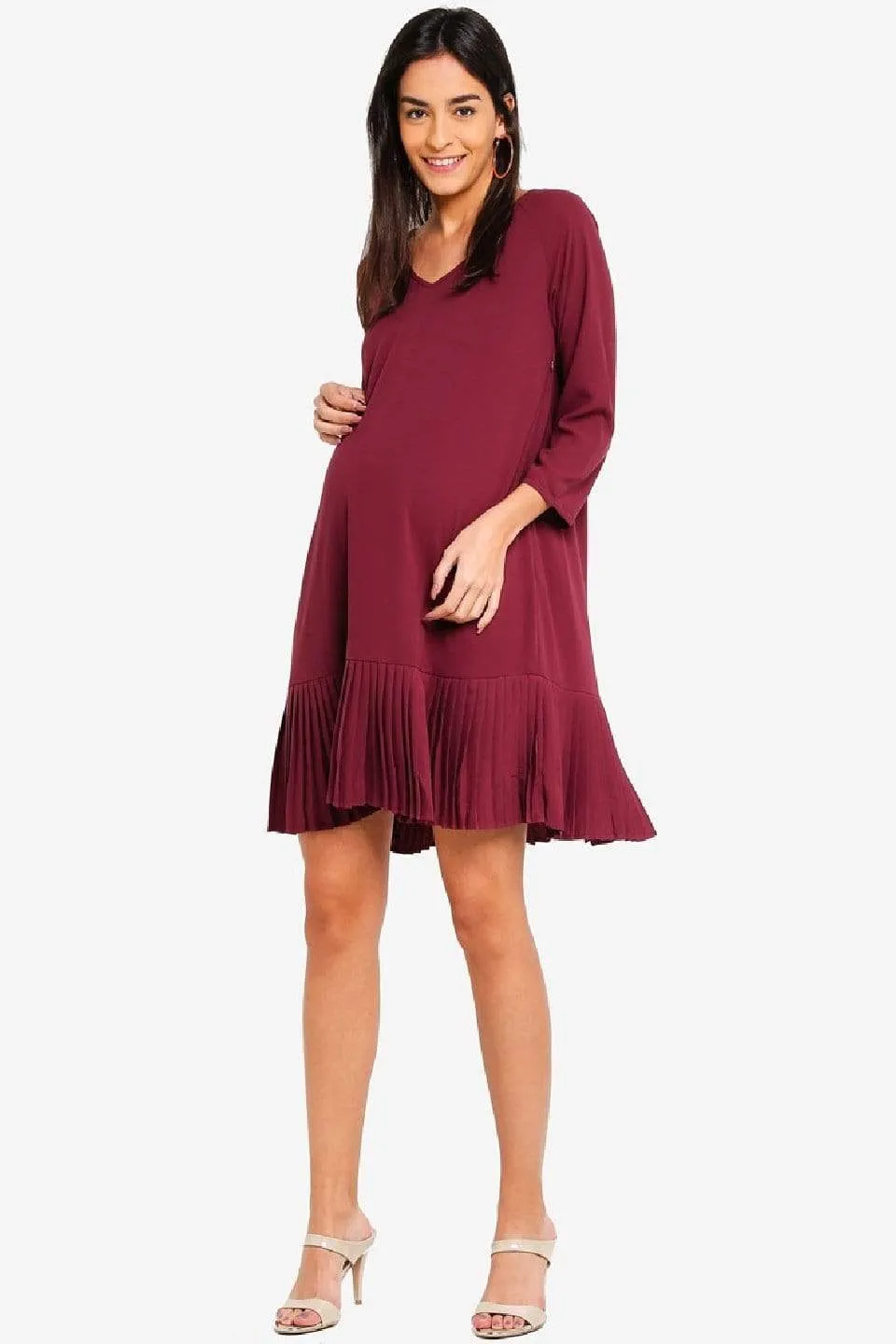 Long Sleeves Brett Pleated Hem Nursing Dress Maroon