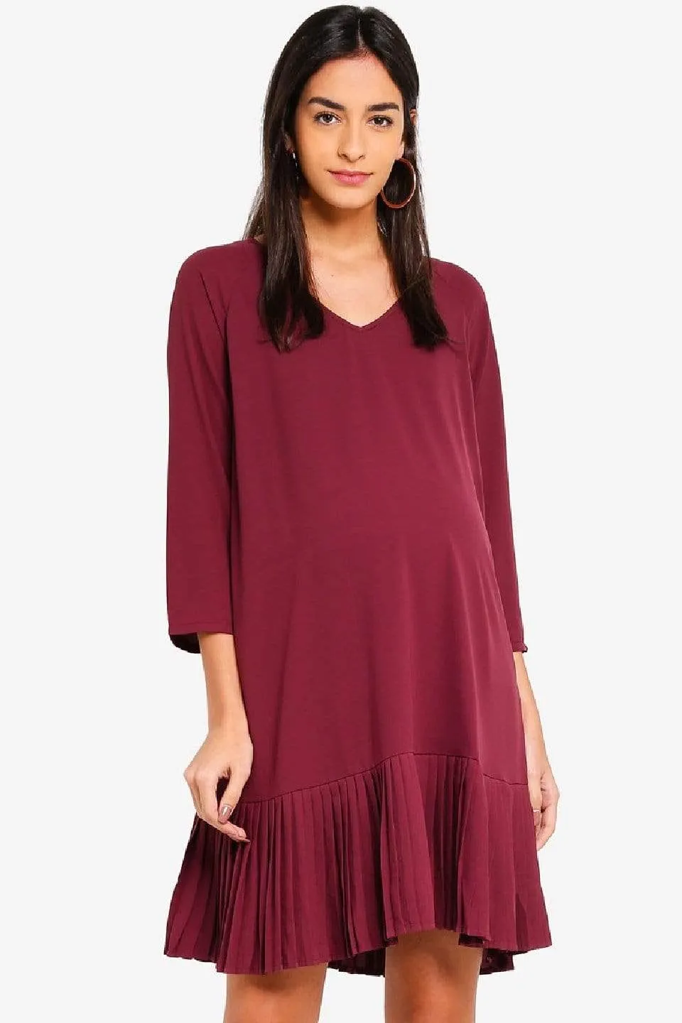 Long Sleeves Brett Pleated Hem Nursing Dress Maroon