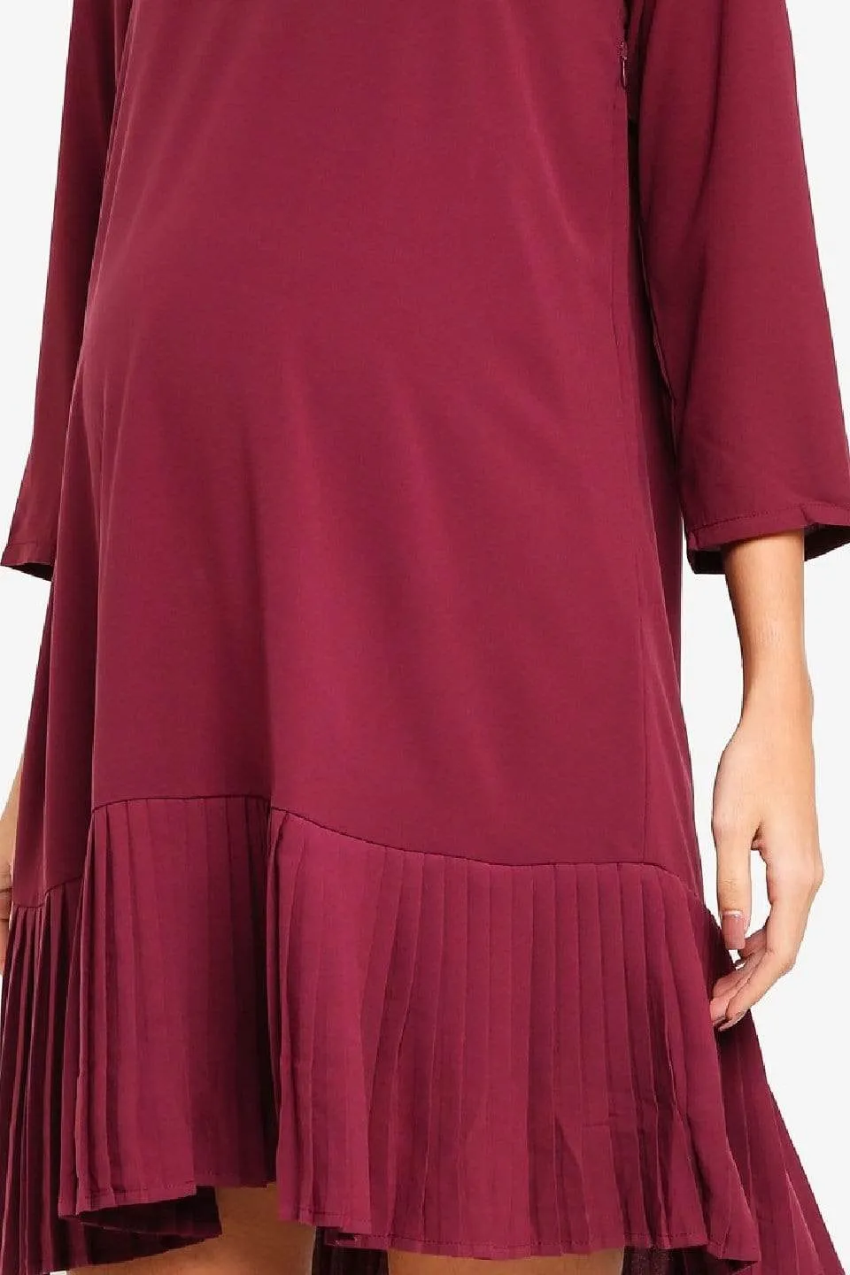 Long Sleeves Brett Pleated Hem Nursing Dress Maroon