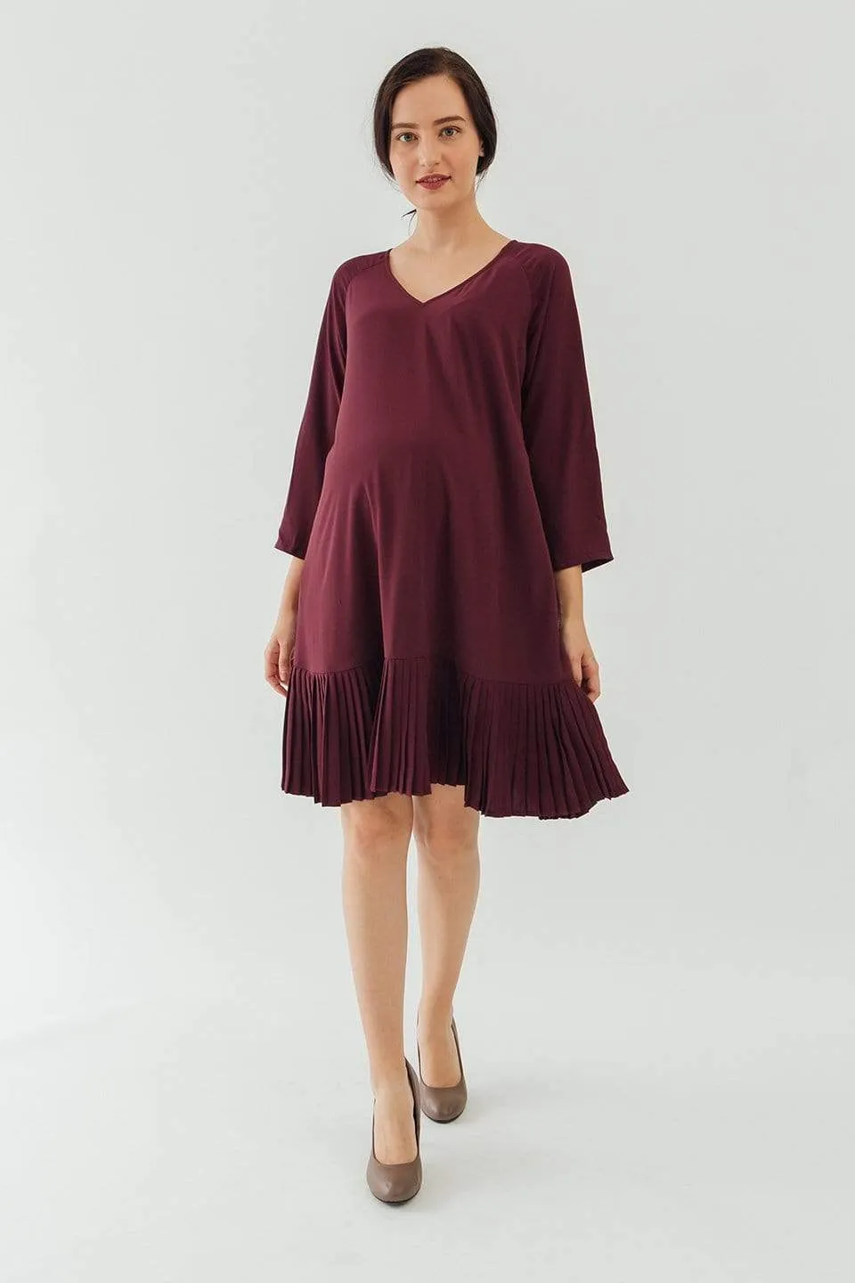 Long Sleeves Brett Pleated Hem Nursing Dress Maroon