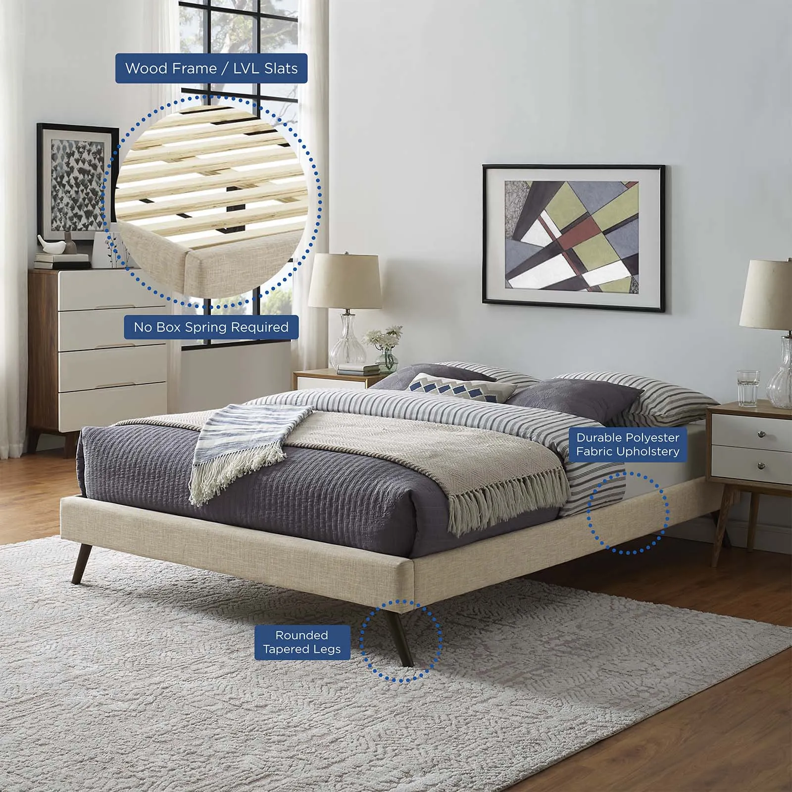 Loryn Fabric Bed Frame with Round Splayed Legs