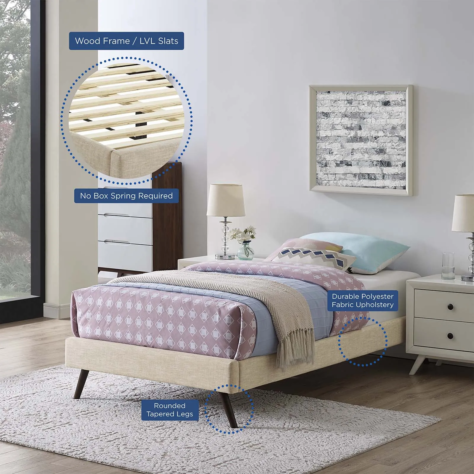 Loryn Fabric Bed Frame with Round Splayed Legs