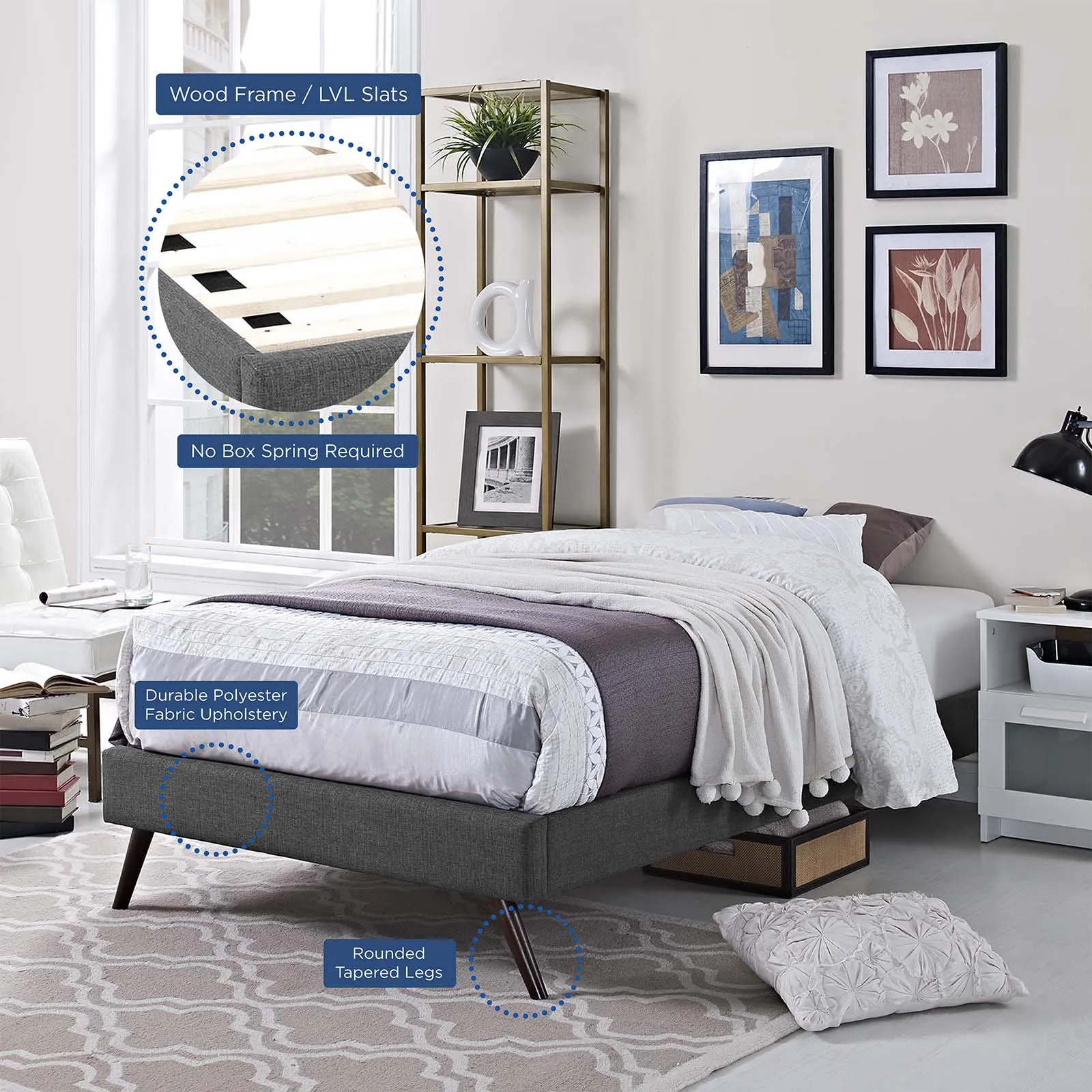 Loryn Fabric Bed Frame with Round Splayed Legs