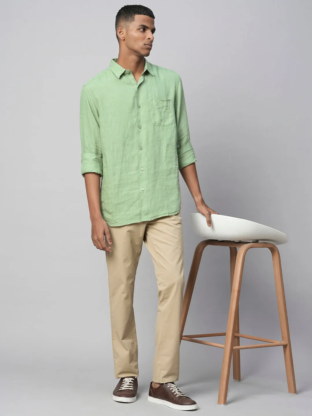 Men's 100% Linen Green Regular Fit Long Sleeved Shirt