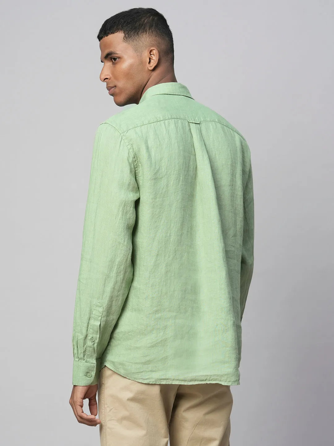 Men's 100% Linen Green Regular Fit Long Sleeved Shirt