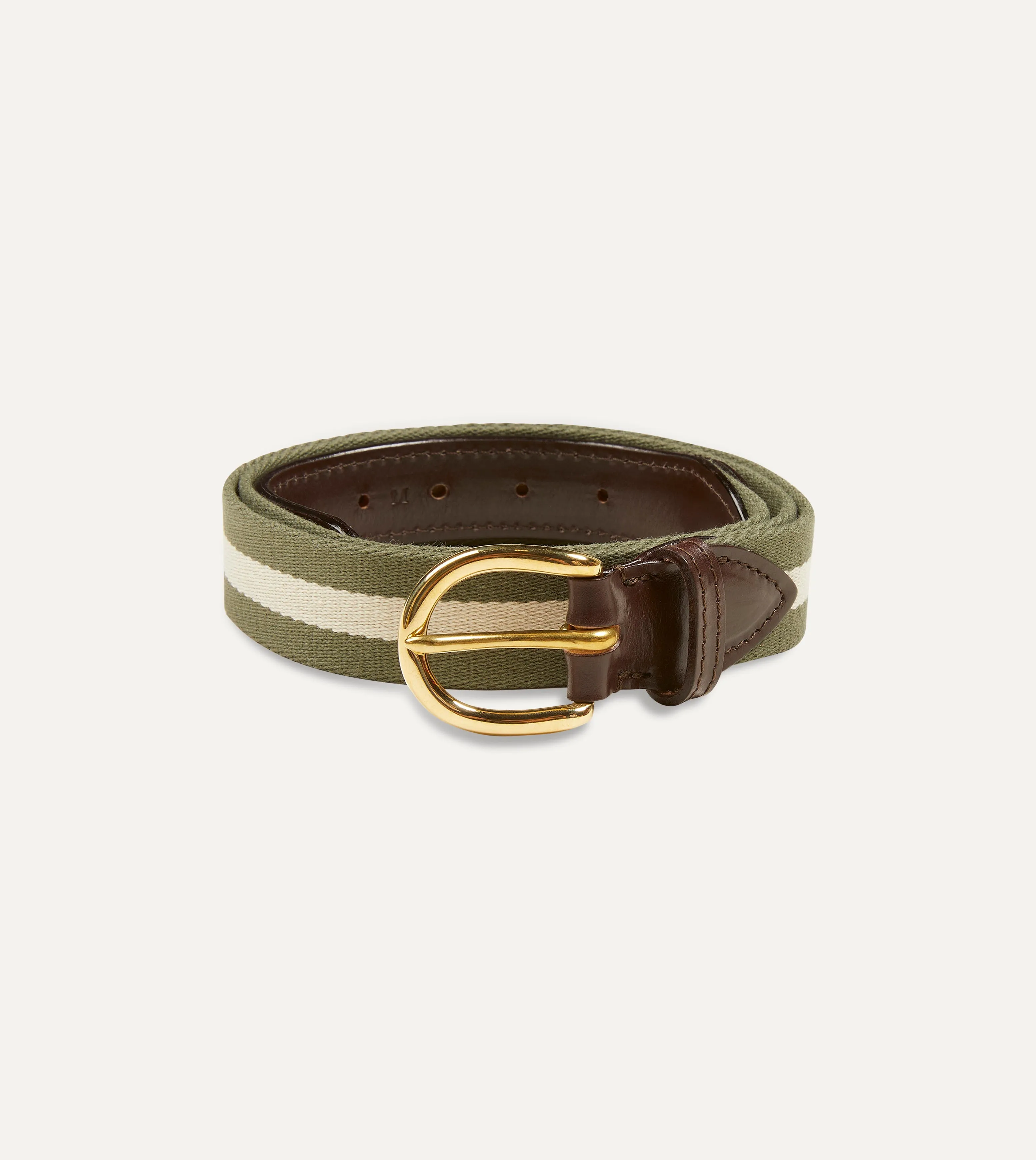 Olive and Ecru Stripe Webbing and Leather Belt with Brass Buckle