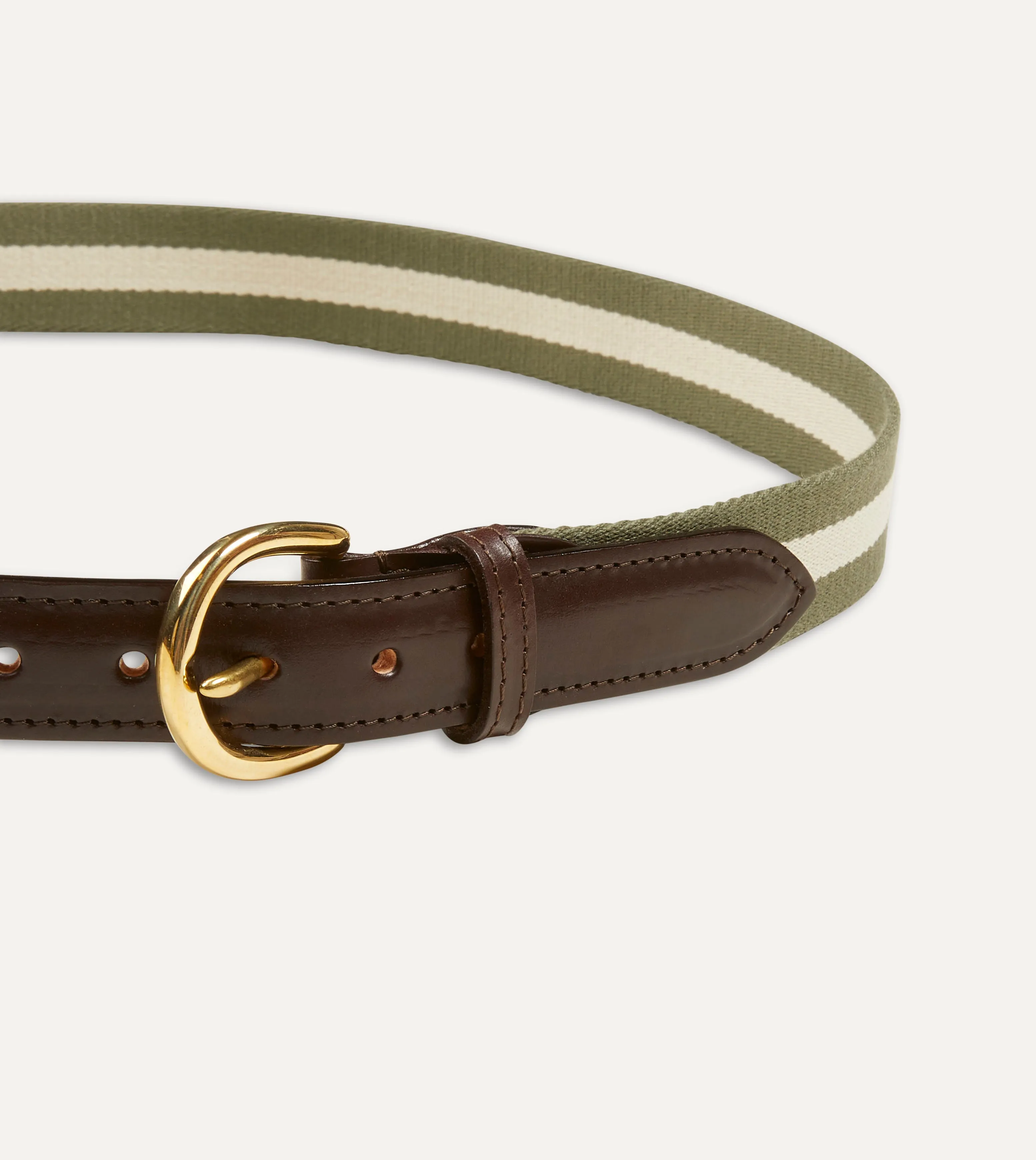 Olive and Ecru Stripe Webbing and Leather Belt with Brass Buckle