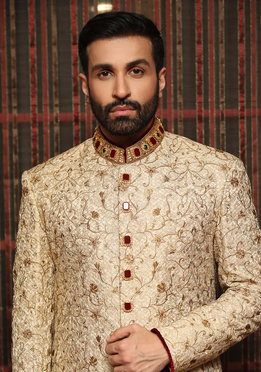 Premium Jamawar Golden Sherwani