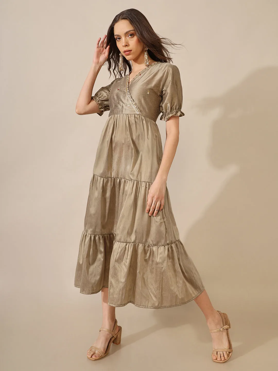 Raati Grey Embroidered Tiered Dress