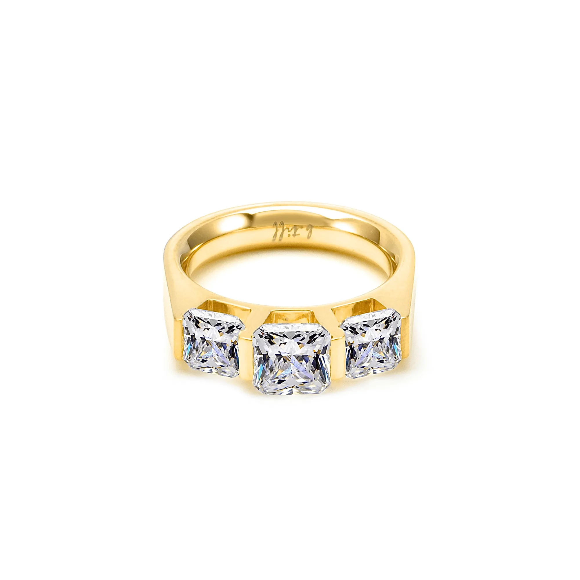 RG203G B.Tiff 3-Stone Cushion Cut 18K Gold Plated Stainless Steel Engagement Ring