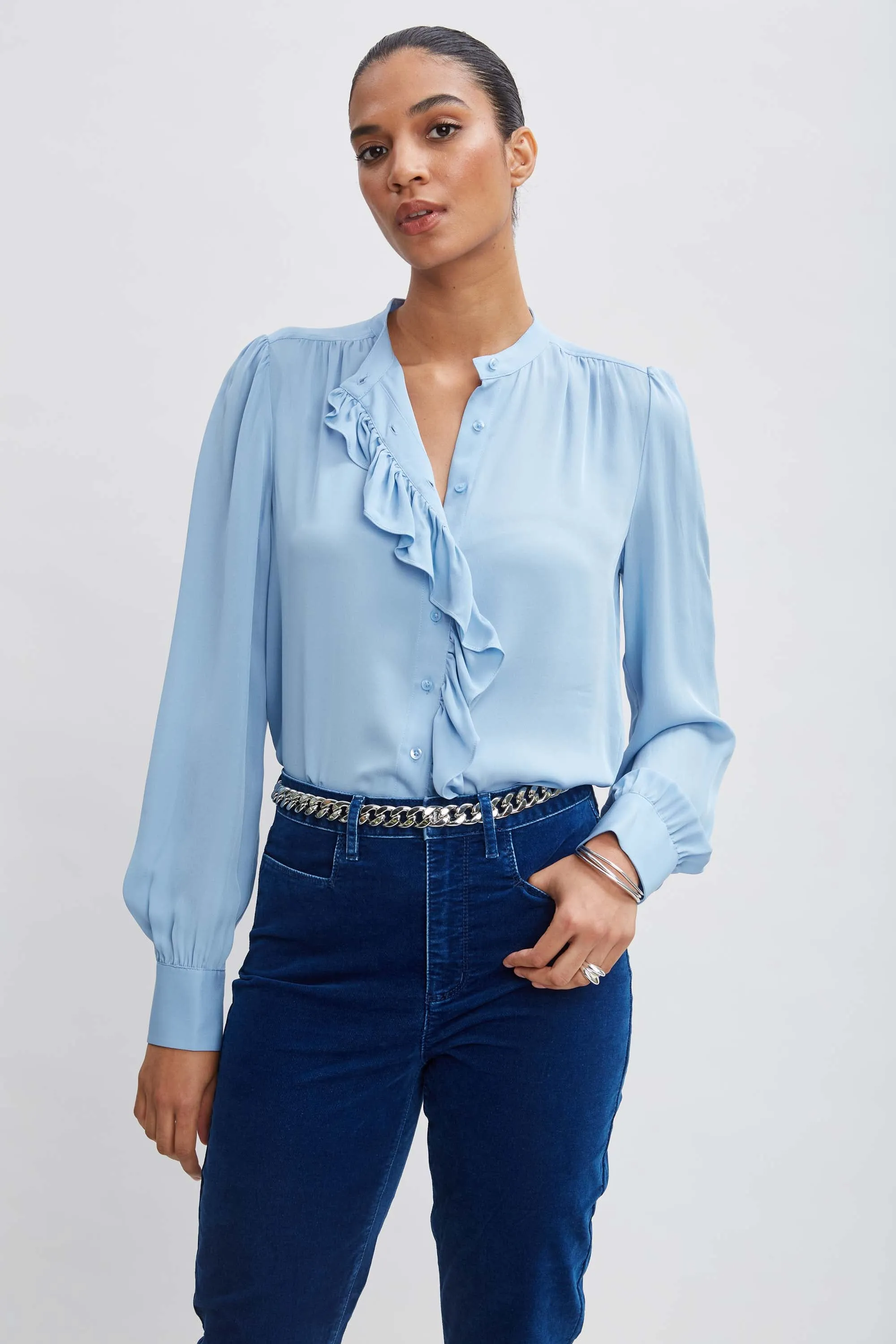 Silk Ruffle Button Down Shirt