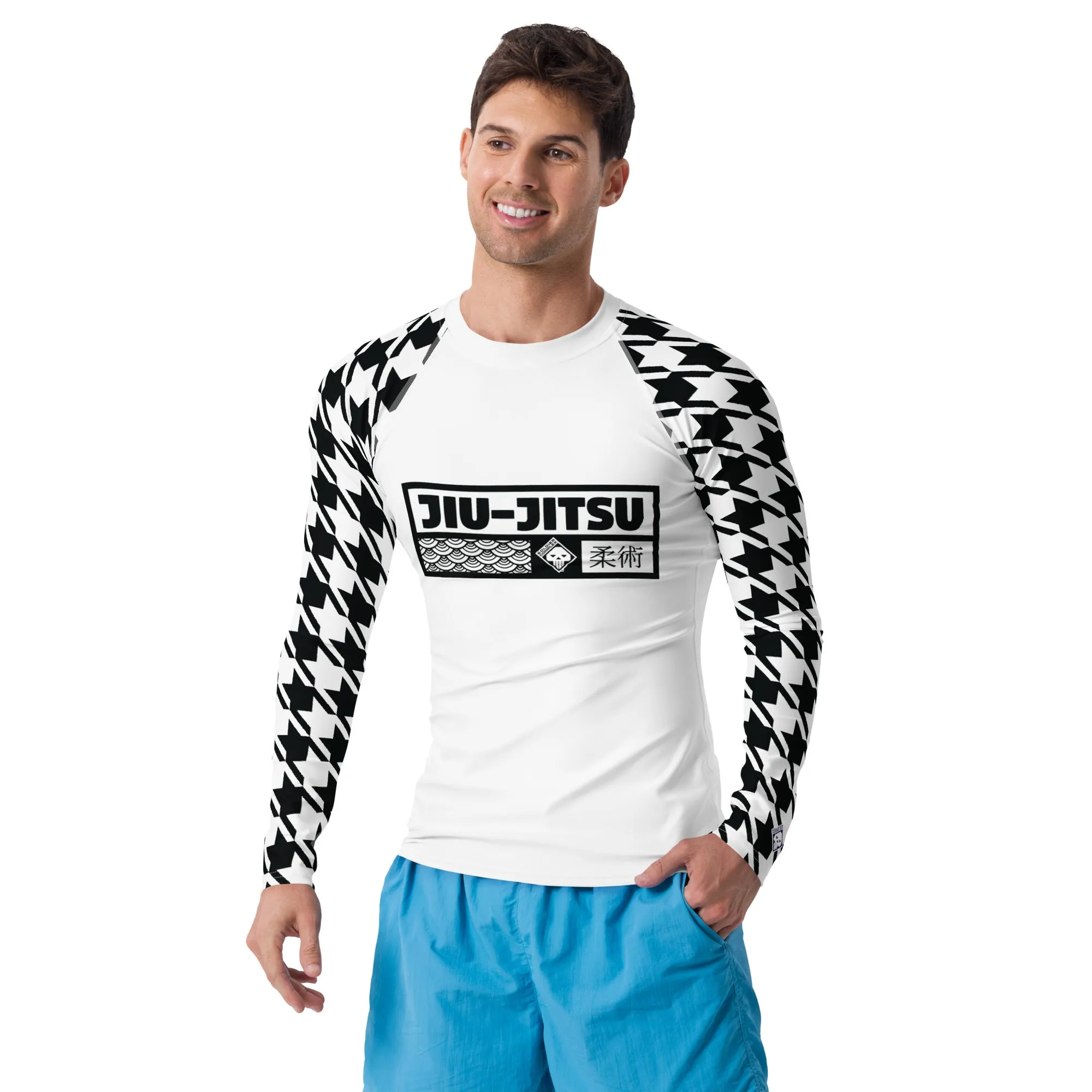 Sleek Style: Long Sleeve Jiu-Jitsu Houndstooth BJJ Rash Guard for Men Blanc