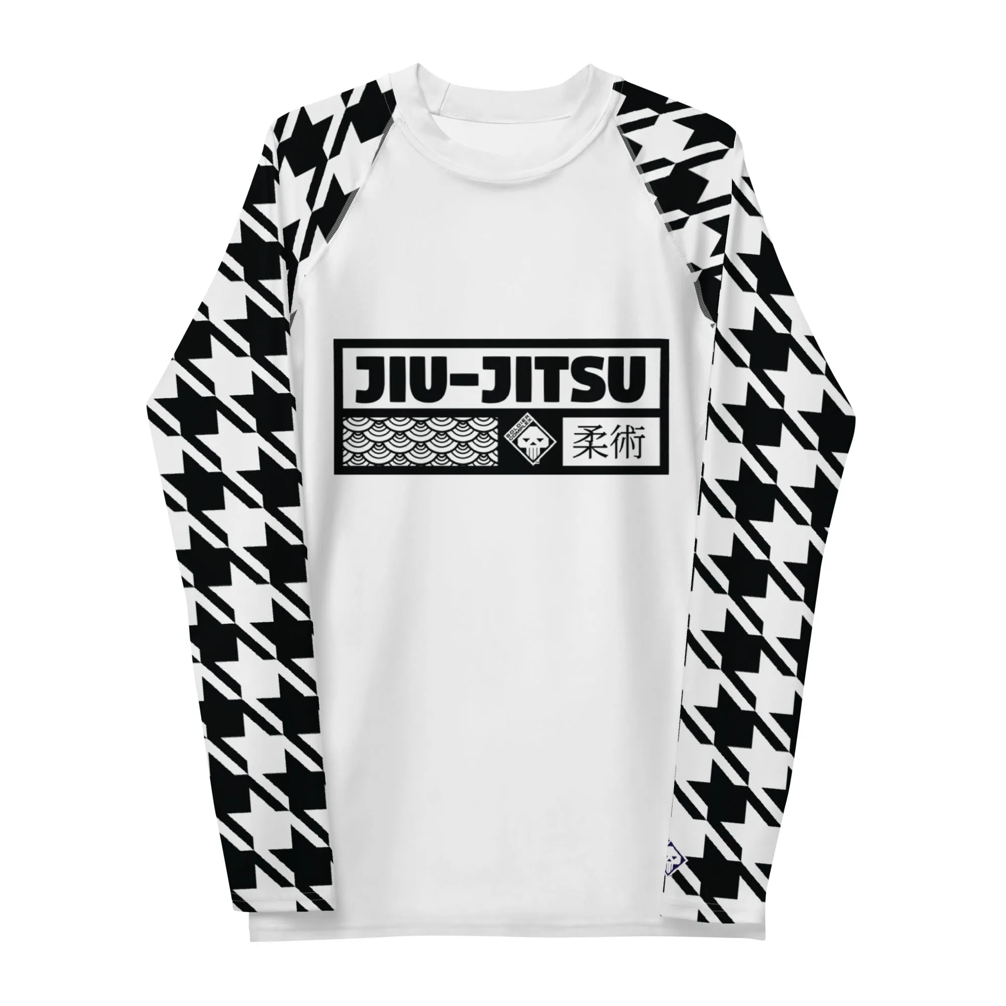 Sleek Style: Long Sleeve Jiu-Jitsu Houndstooth BJJ Rash Guard for Men Blanc