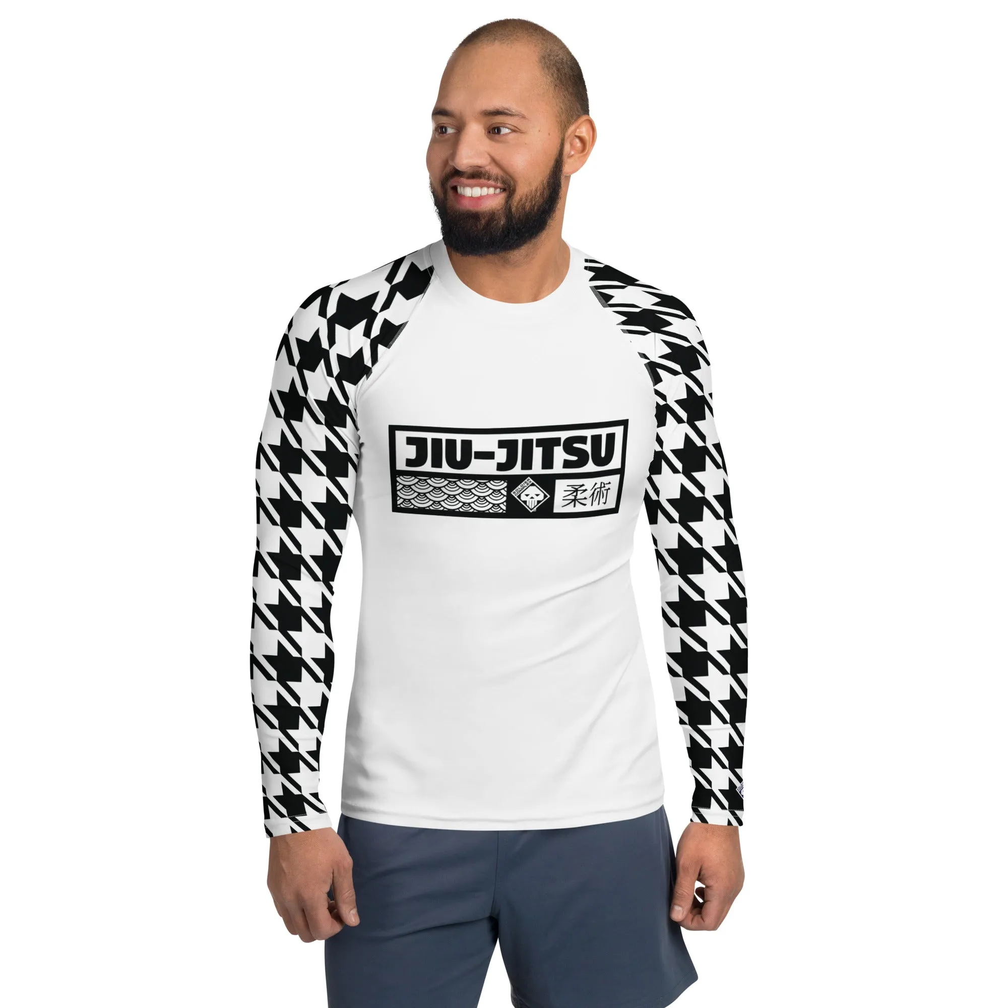 Sleek Style: Long Sleeve Jiu-Jitsu Houndstooth BJJ Rash Guard for Men Blanc