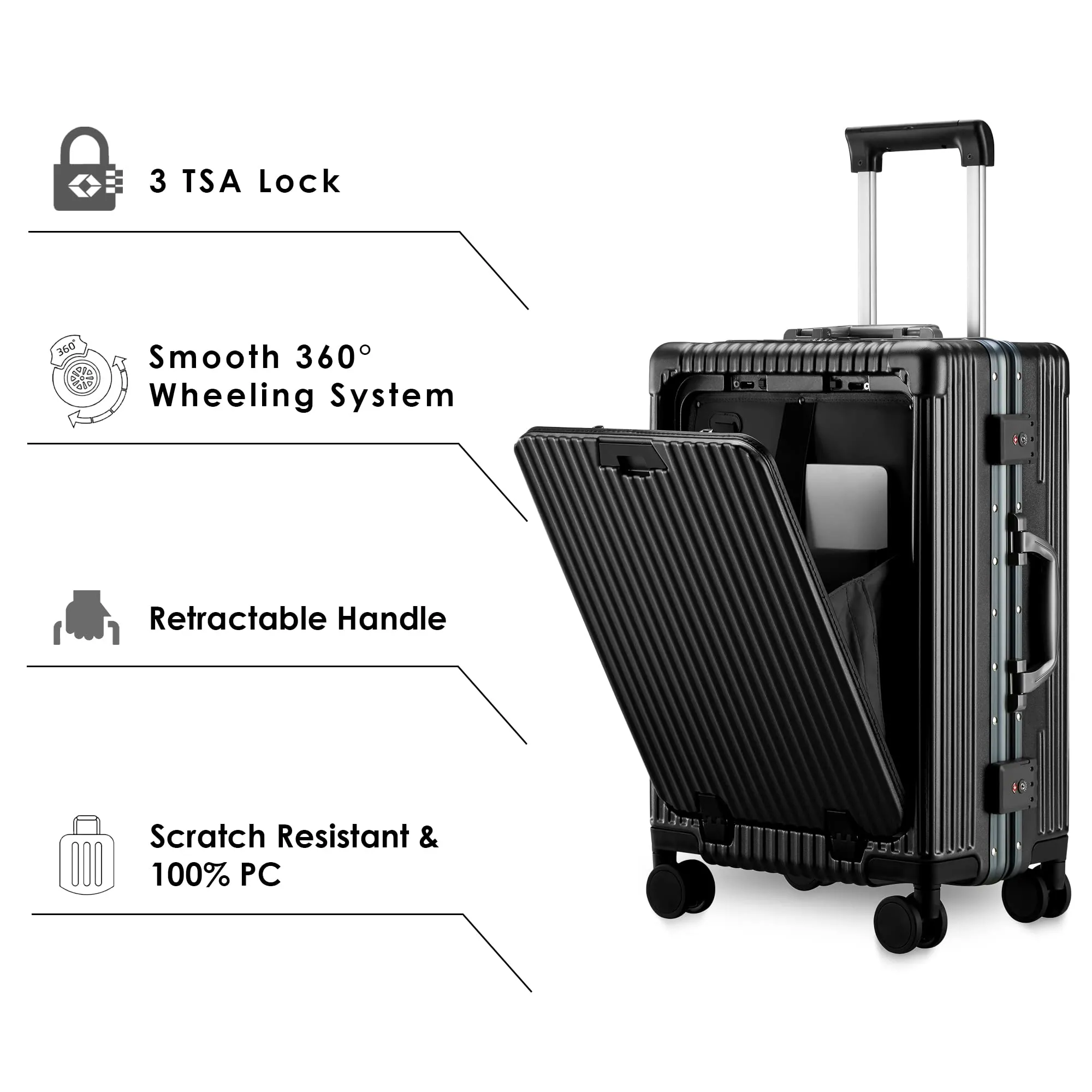 THE CLOWNFISH Ambassador Series Carry-On Luggage PolyCarbonate Hard Case Suitcase Eight Spinner Wheel Trolley Bag with TSA Lock, USB, Mobile Holder, Cup Holder- Black (56 cm-22 inch)