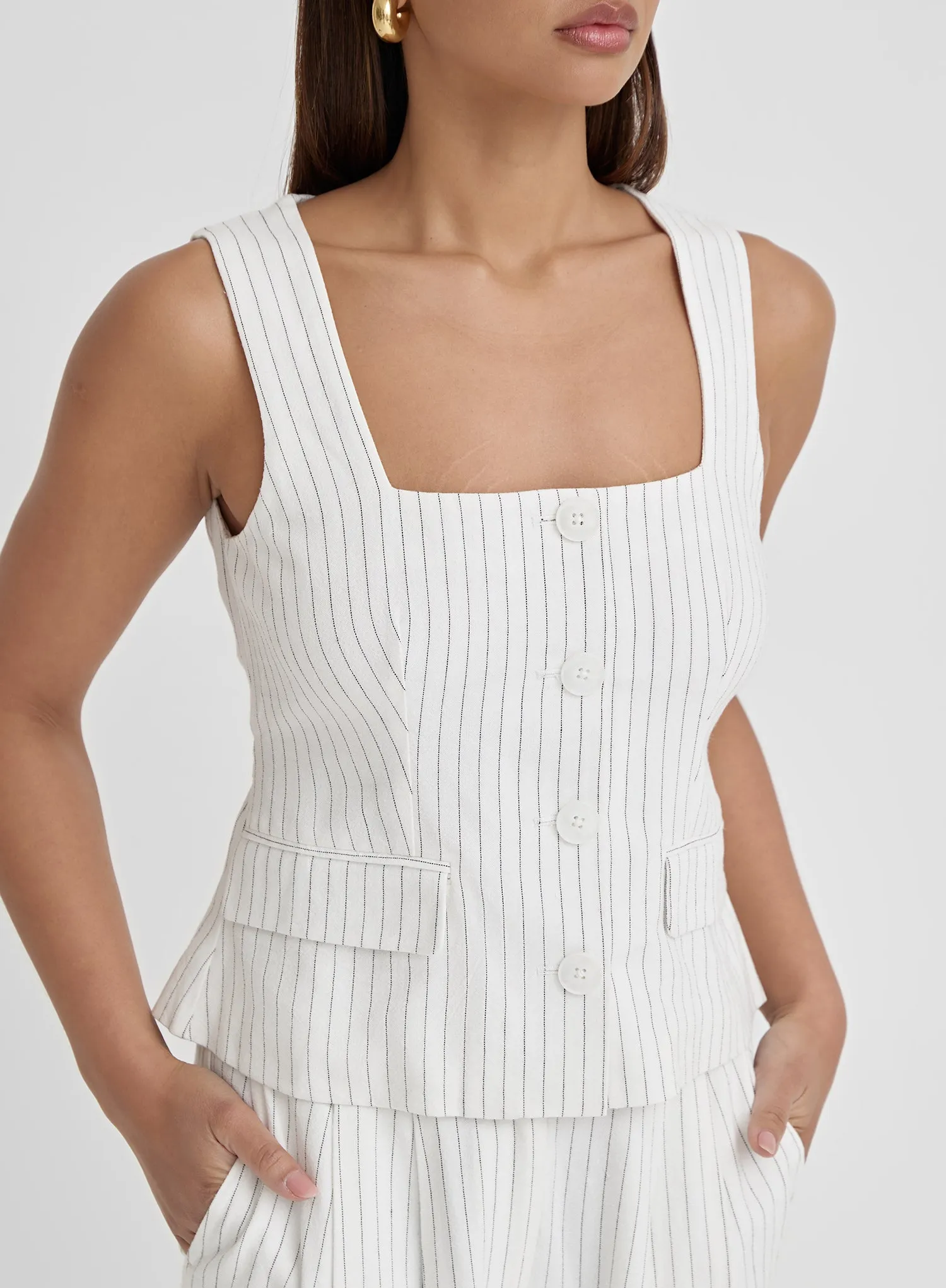 White Pinstripe Tailored Waistcoat- Kadaya