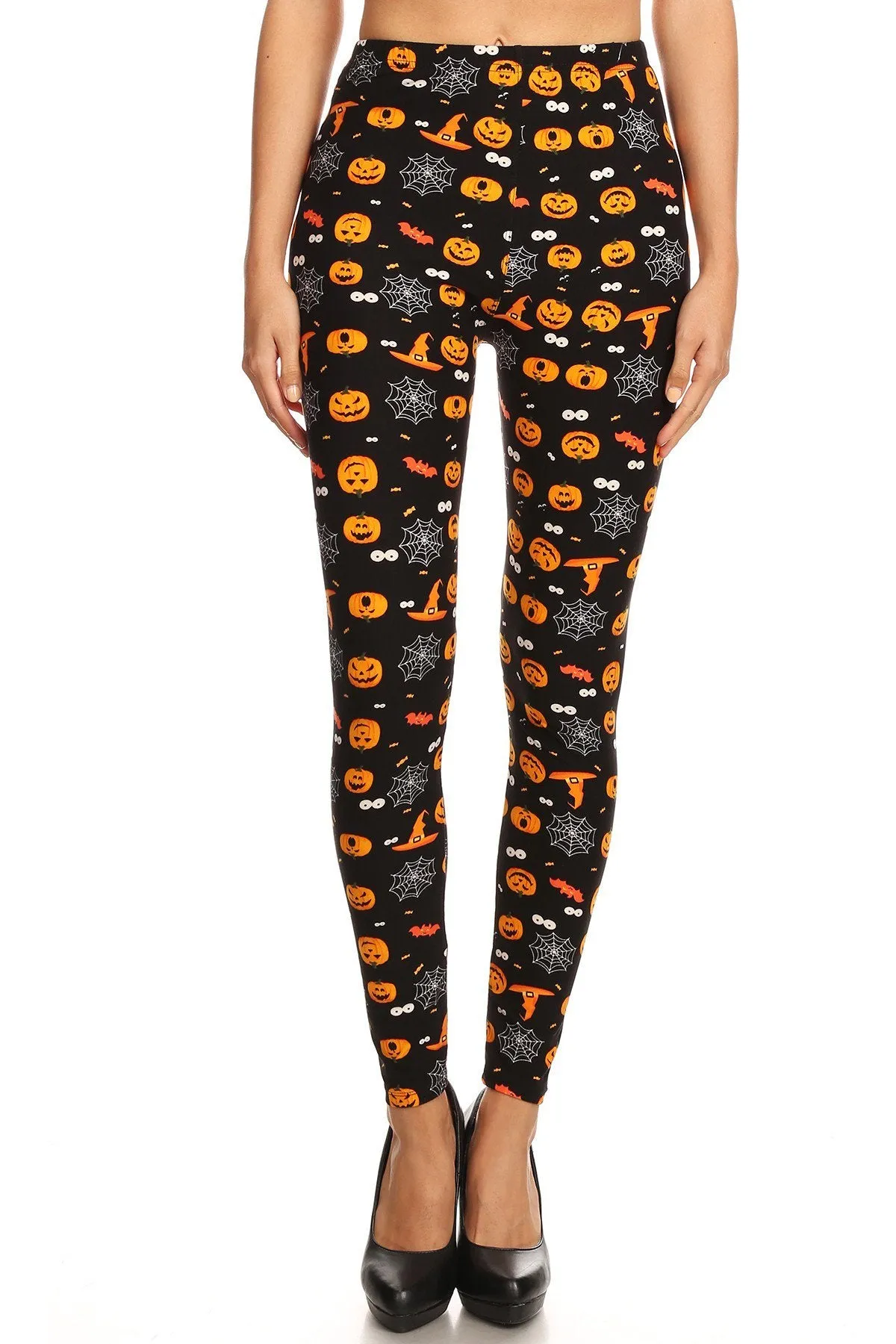 Women's 3X 5X Pumpkin Spider Web Pattern Printed Leggings - Orange