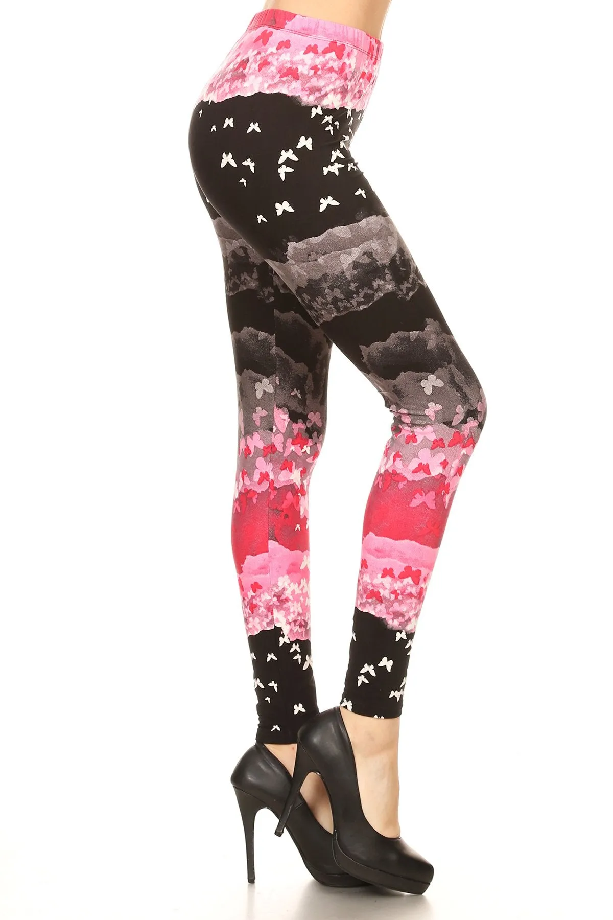 Women's Plus Butterfly Ombre Pattern Printed Leggings - Black Pink