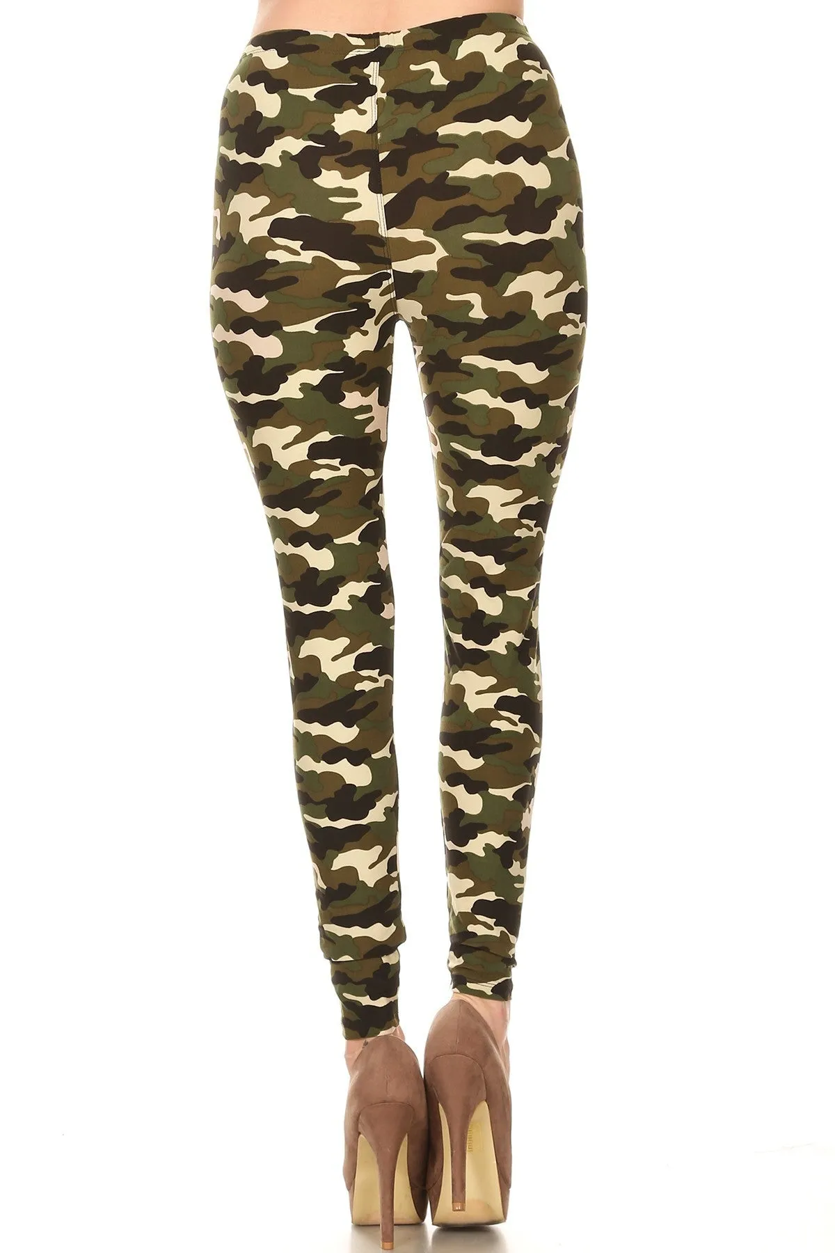 Women's Plus Camouflage Military Look Pattern Printed Leggings - Khaki Olive