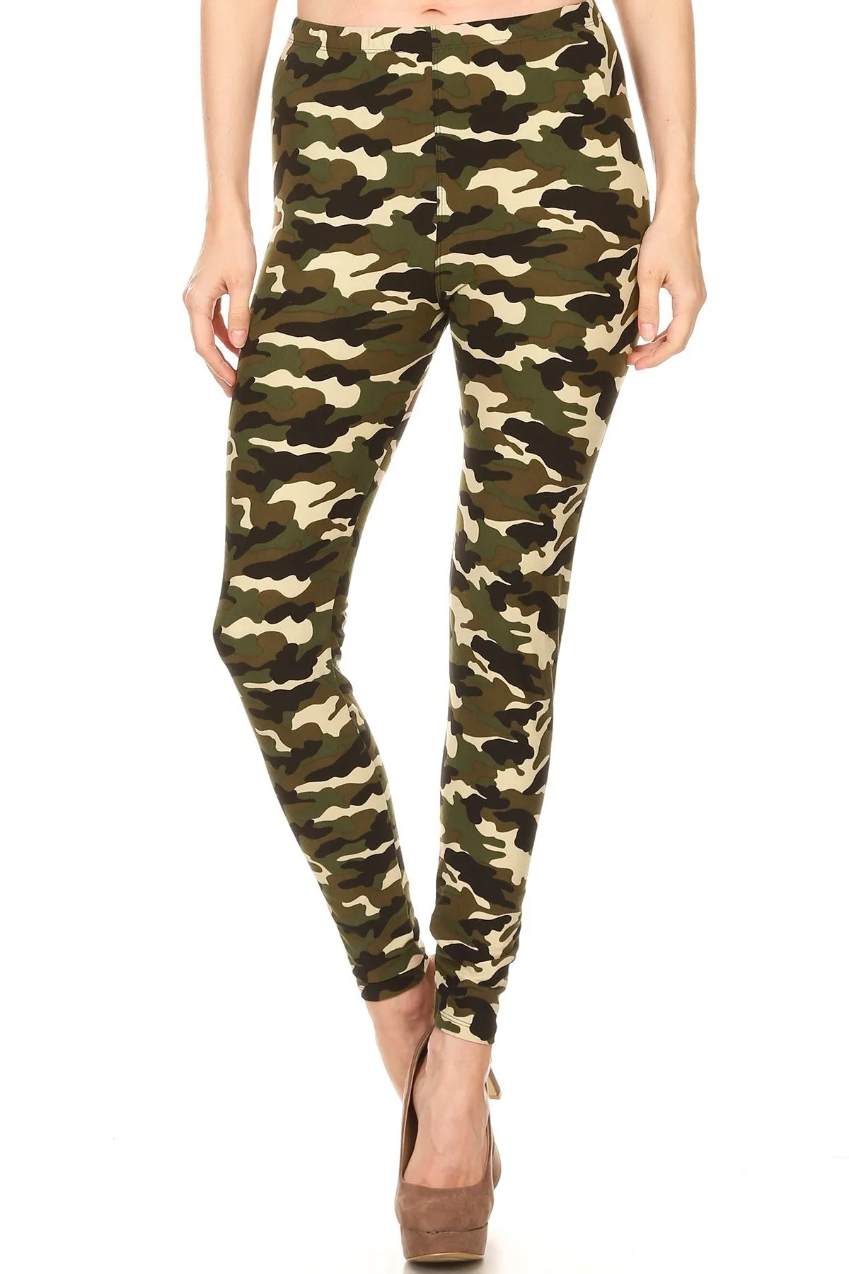 Women's Plus Camouflage Military Look Pattern Printed Leggings - Khaki Olive