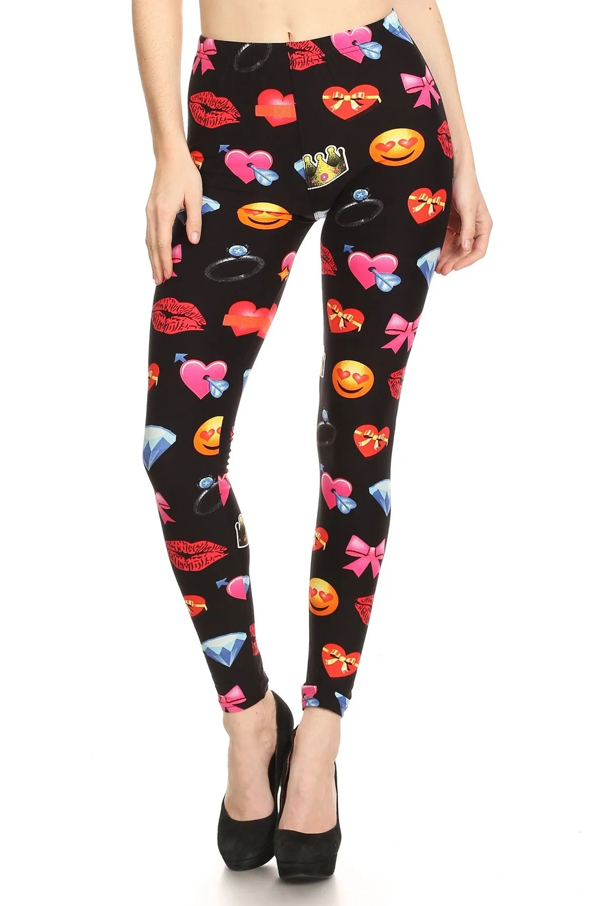 Women's Plus Emoji Heart Lips Pattern Printed Leggings